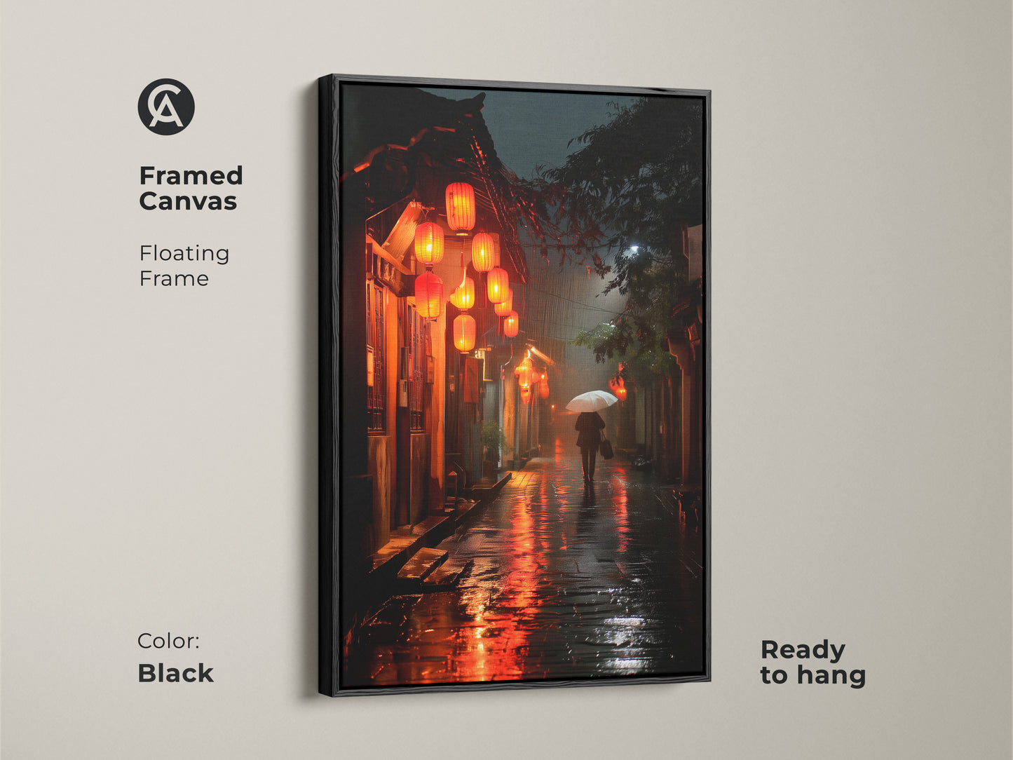 A framed canvas print showcasing a rainy Asian street scene at night. The floating frame enhances the artwork. Red lanterns illuminate the wet street. A lone figure with an umbrella walks off into the distance. The black frame adds a touch of elegance.