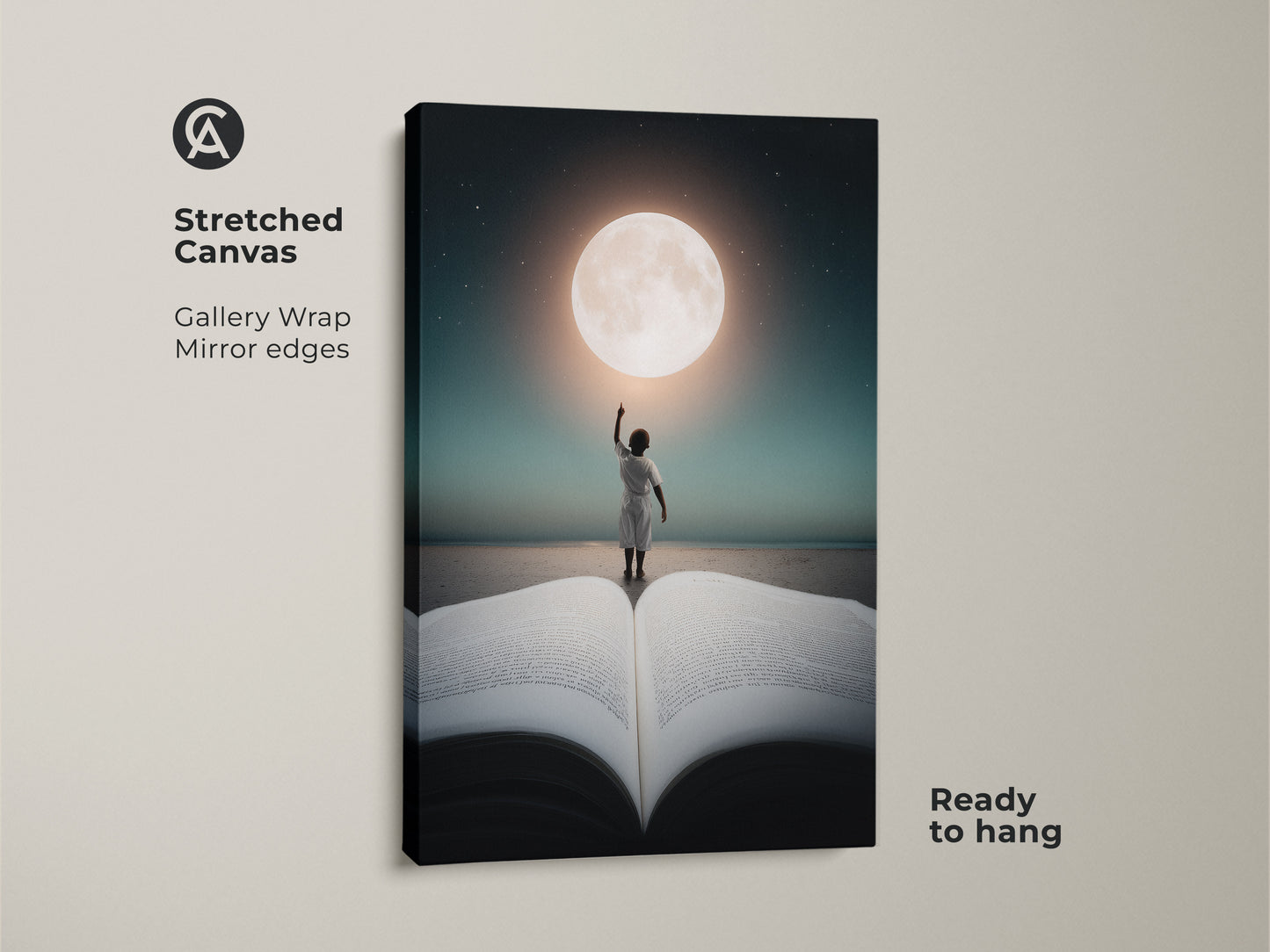 A stretched canvas print shows a child reaching for a moon. This gallery wrapped art has mirror edges and is ready to hang. The surreal conceptual artwork adds a dreamy aesthetic touch to your home.