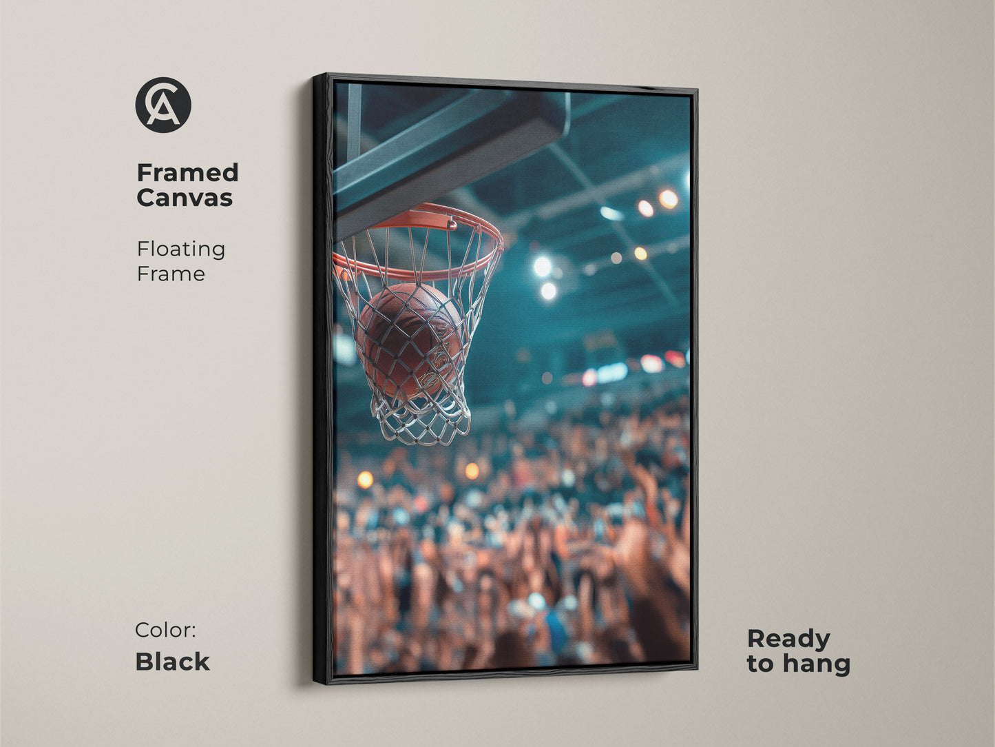 Framed canvas art of a basketball swishing through the net. The floating frame in black enhances the artwork. Ready to hang and adds a sporty touch to your decor. Perfect for basketball fans.