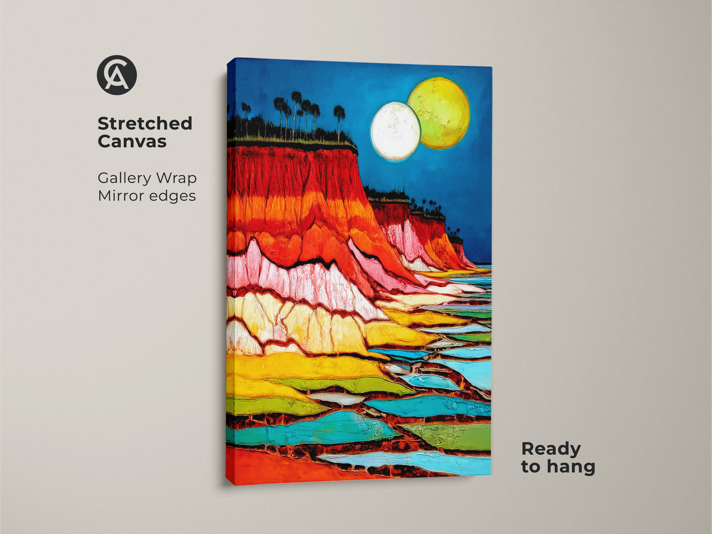 The abstract cliff art print shows a moon over a layered landscape canvas. This crimson and azure wall art makes eclectic travel decor. Ready to hang stretched canvas with gallery wrap and mirror edges. Gift this nature abstract print as a housewarming gift. It enhances any space with vibrant color.