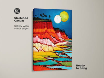 The abstract cliff art print shows a moon over a layered landscape canvas. This crimson and azure wall art makes eclectic travel decor. Ready to hang stretched canvas with gallery wrap and mirror edges. Gift this nature abstract print as a housewarming gift. It enhances any space with vibrant color.