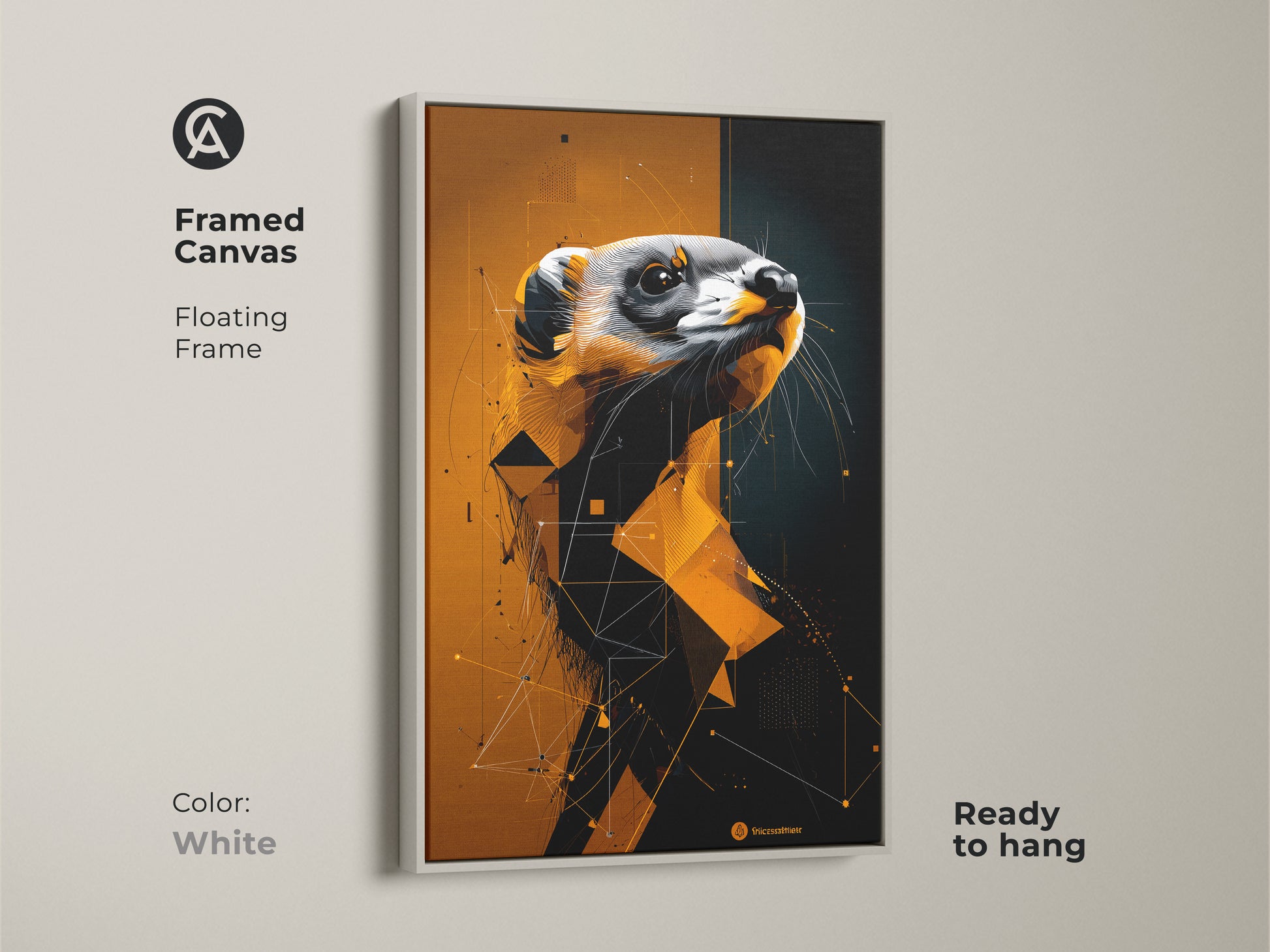 White framed canvas with floating frame featuring geometric ferret art. This piece combines modern office art with abstract geometric painting styles for a stylish wall decor.