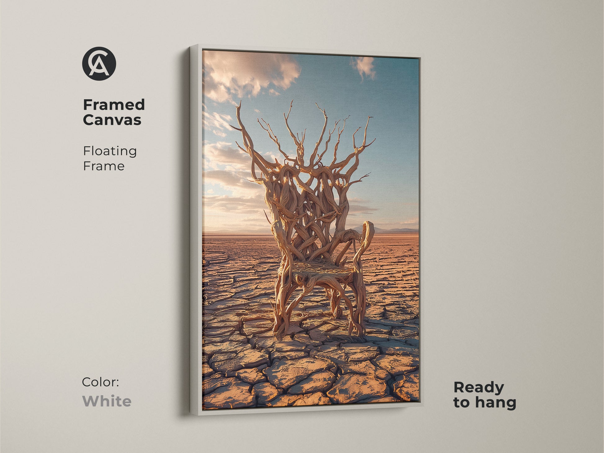 A framed canvas features a surreal tree chair wall art in a white floating frame. An earth tones abstract art piece. It's a conceptual nature artwork ready to hang on your wall.