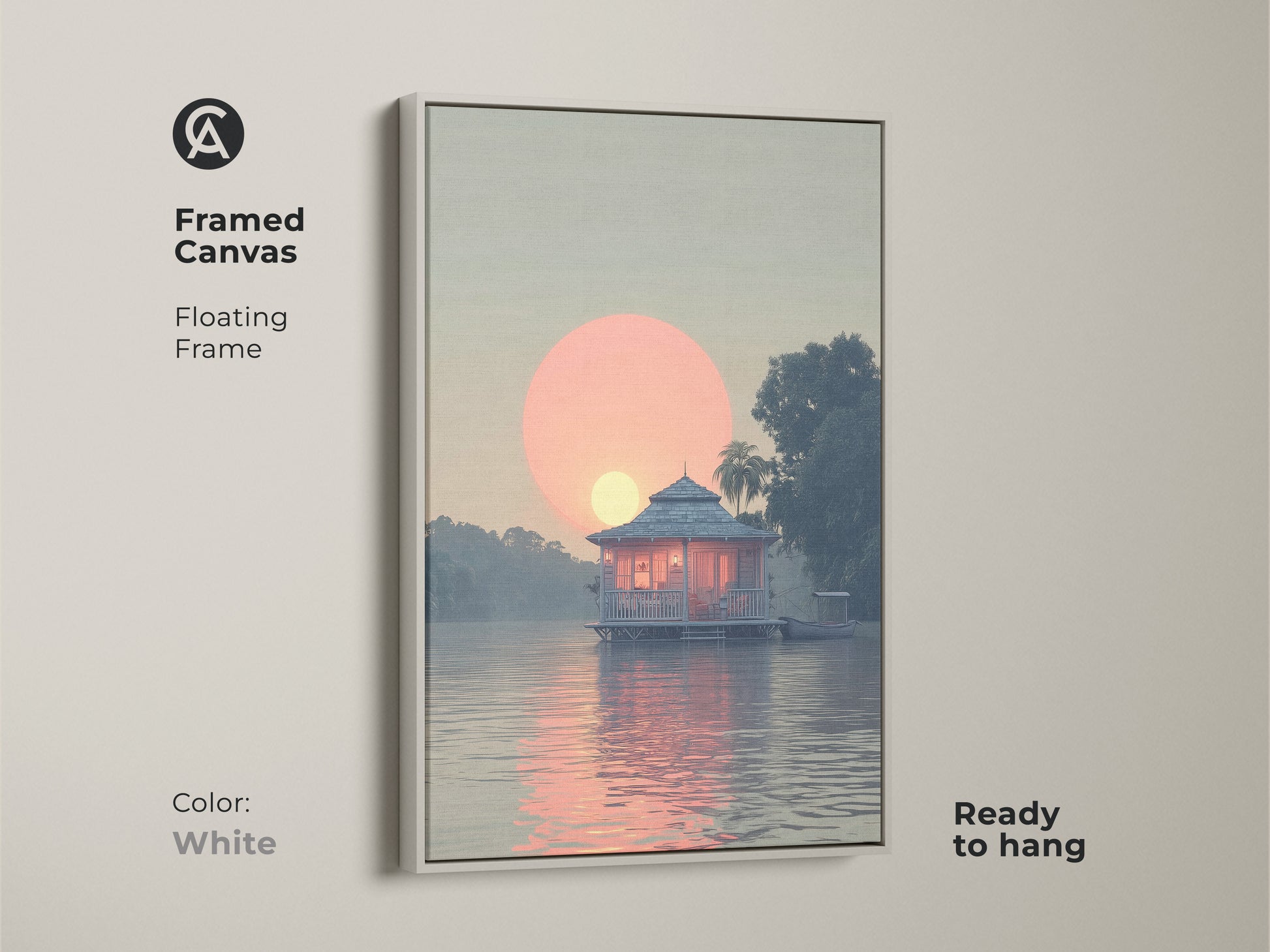 Framed Canvas coastal lake house art with floating frame and white color. The art features a peach and blue tropical landscape and a serene waterfront bungalow painting. This boating sunset view artwork is ready to hang.