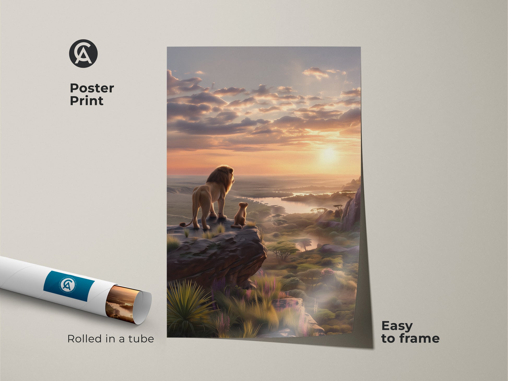 Lion and cub poster print showcases a stunning African sunrise. This majestic animal artwork arrives rolled in a tube for easy framing. Enjoy the beauty of the savanna sunset wall art. This nature inspired art print makes a perfect eclectic wall hanging.