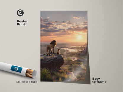Lion and cub poster print showcases a stunning African sunrise. This majestic animal artwork arrives rolled in a tube for easy framing. Enjoy the beauty of the savanna sunset wall art. This nature inspired art print makes a perfect eclectic wall hanging.