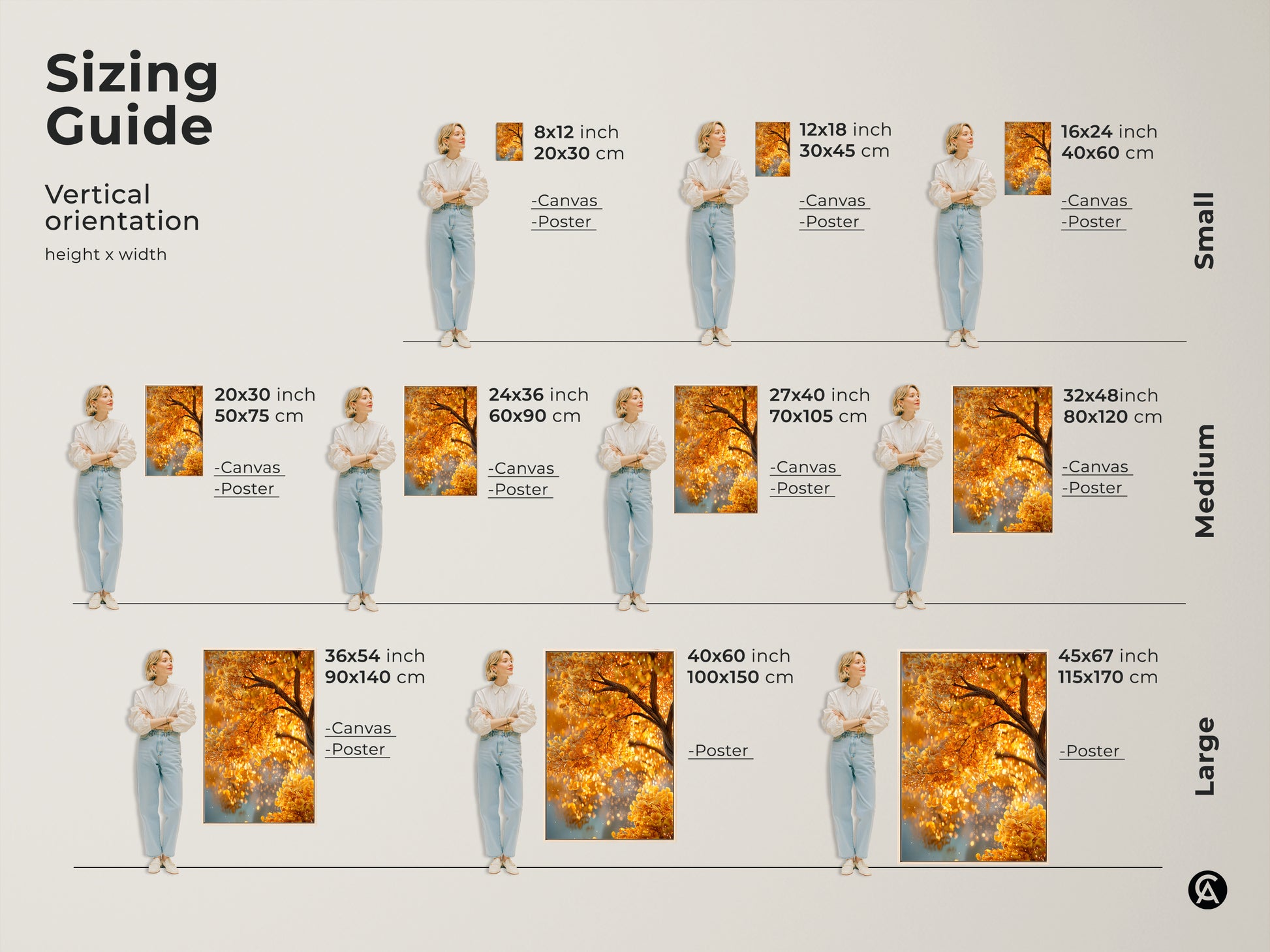 Sizing guide for vertical golden tree artwork. Find the perfect fit with sizes from 8x12 to 45x67 inches. Available as canvas or poster prints to suit your style and space requirements. Enhance your decor today.