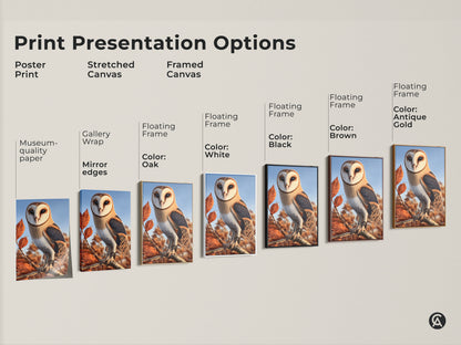 Print presentation options featuring a barn owl. Choose from poster print stretched canvas or framed canvas. Options include museum quality paper gallery wrap and floating frames in various colors. Includes oak white black brown and antique gold frames.