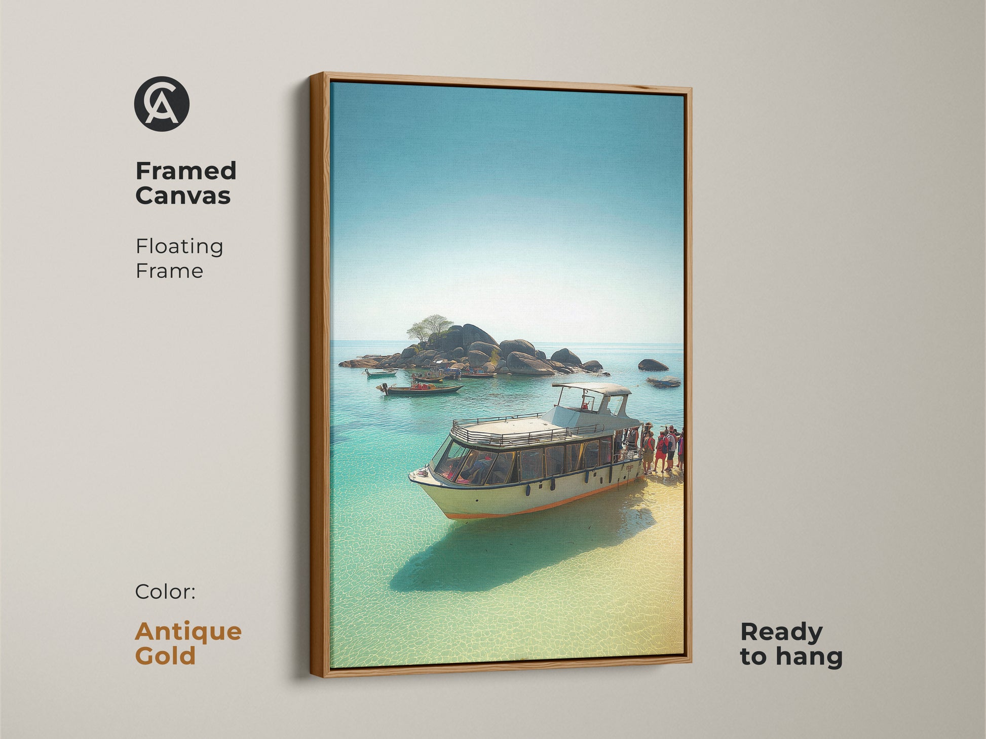 Framed Canvas with a Floating Frame in Antique Gold. Ocean view art print perfect for Summer vacation wall art. Blue turquoise boat art for Coastal home interior.