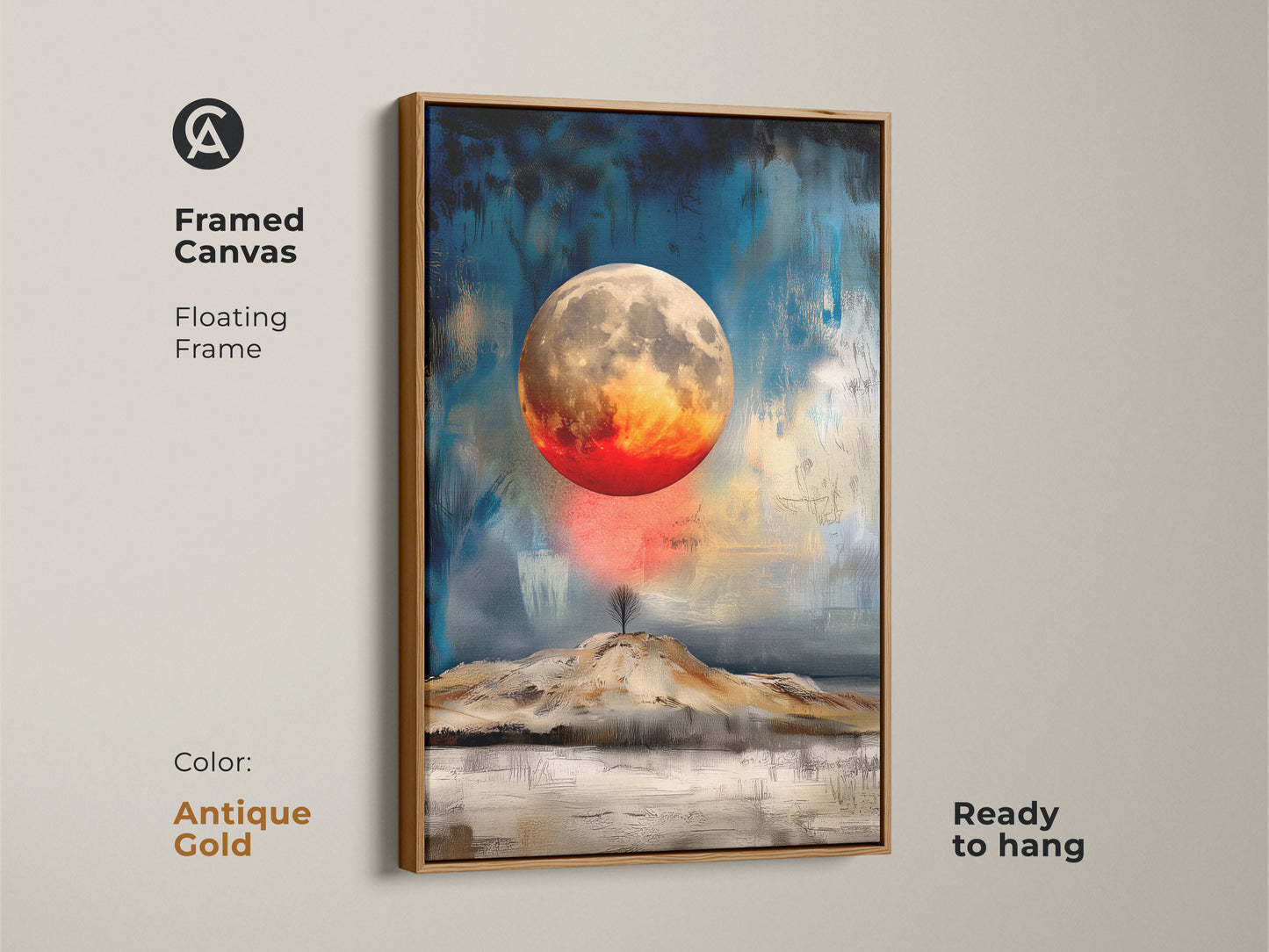 Antique gold framed canvas print shows a textured abstract moon. The celestial landscape art uses a floating frame is ready to hang. This space painting brings cosmic themes to modern decor. A perfect gift for housewarming or decorating an office.