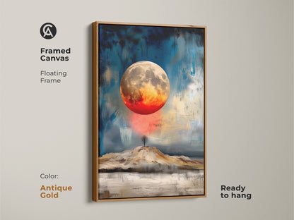 Antique gold framed canvas print shows a textured abstract moon. The celestial landscape art uses a floating frame is ready to hang. This space painting brings cosmic themes to modern decor. A perfect gift for housewarming or decorating an office.