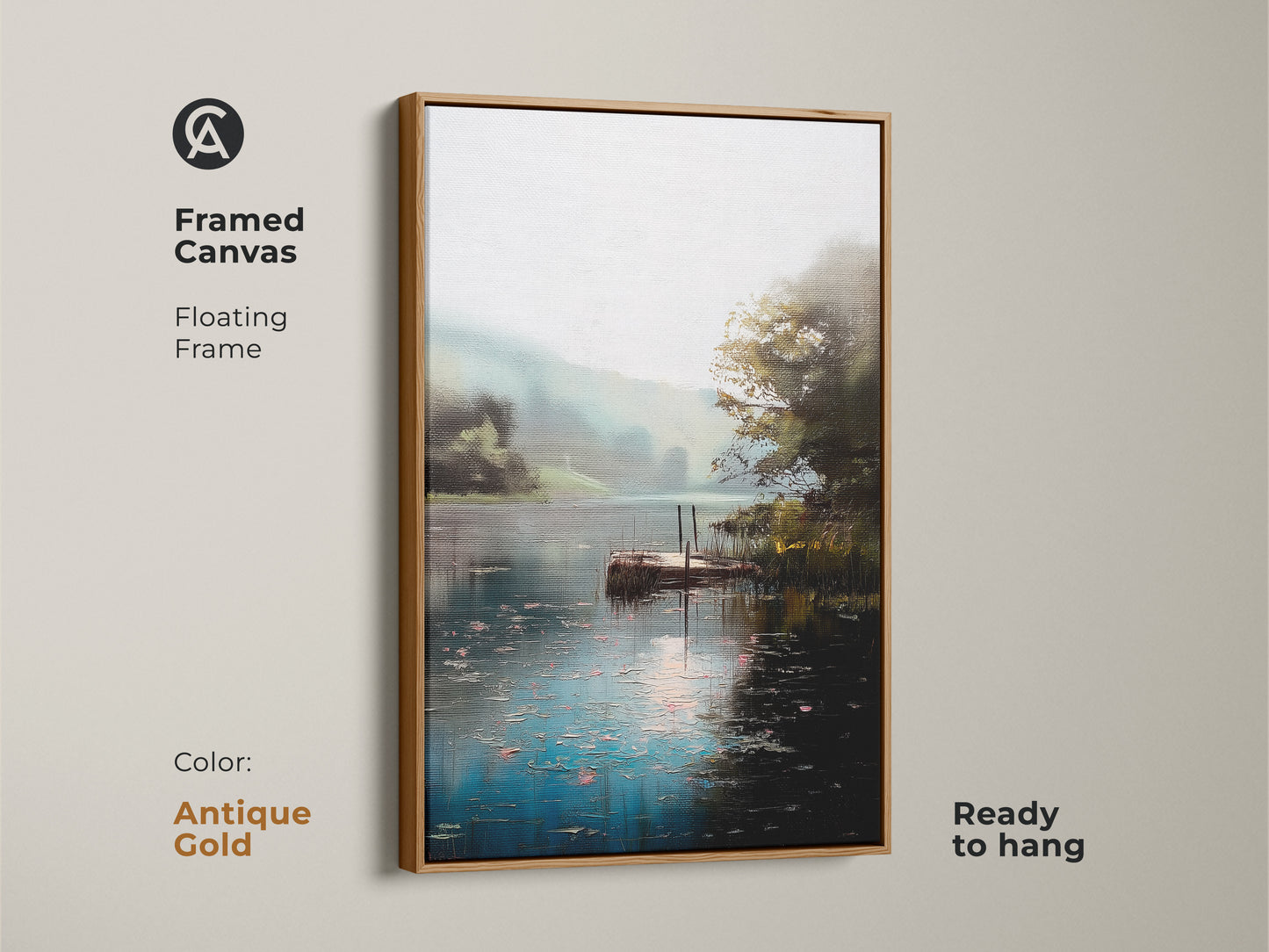 Framed canvas showcasing a serene lake with a rustic dock. The antique gold floating frame enhances the teal green water view. Impressionist nature artwork brings calming beauty to your home. Ready to hang this print adds a touch of countryside elegance. Perfect for natural home decor.