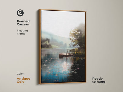 Framed canvas showcasing a serene lake with a rustic dock. The antique gold floating frame enhances the teal green water view. Impressionist nature artwork brings calming beauty to your home. Ready to hang this print adds a touch of countryside elegance. Perfect for natural home decor.