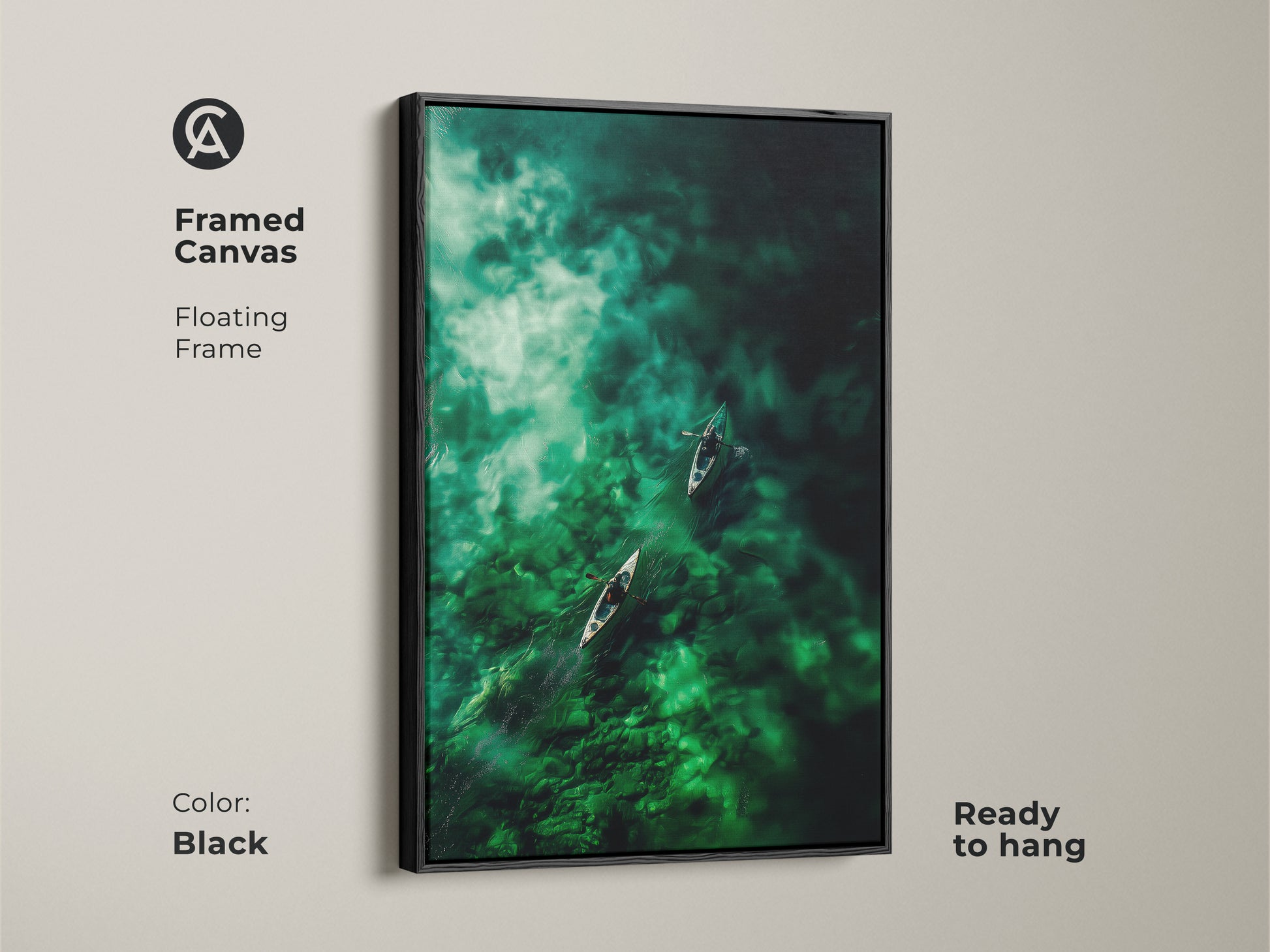 Black framed canvas artwork showcasing canoes on vibrant green waters. This floating frame art is ready to hang adding sophistication. The sleek black frame complements the natural scene creating a striking contrast. Elevate your wall decor with this serene piece.
