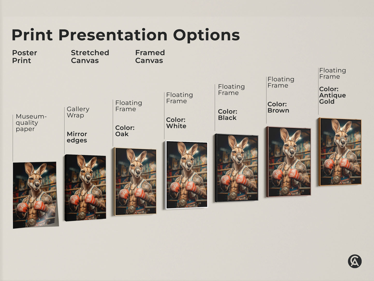 Explore print presentation options featuring the Kangaroo Boxer. From poster to framed canvas each style highlights the tattoo art. The eclectic animal artwork is suitable for any decor. Museum-quality paper and various floating frame colors available to match any style.