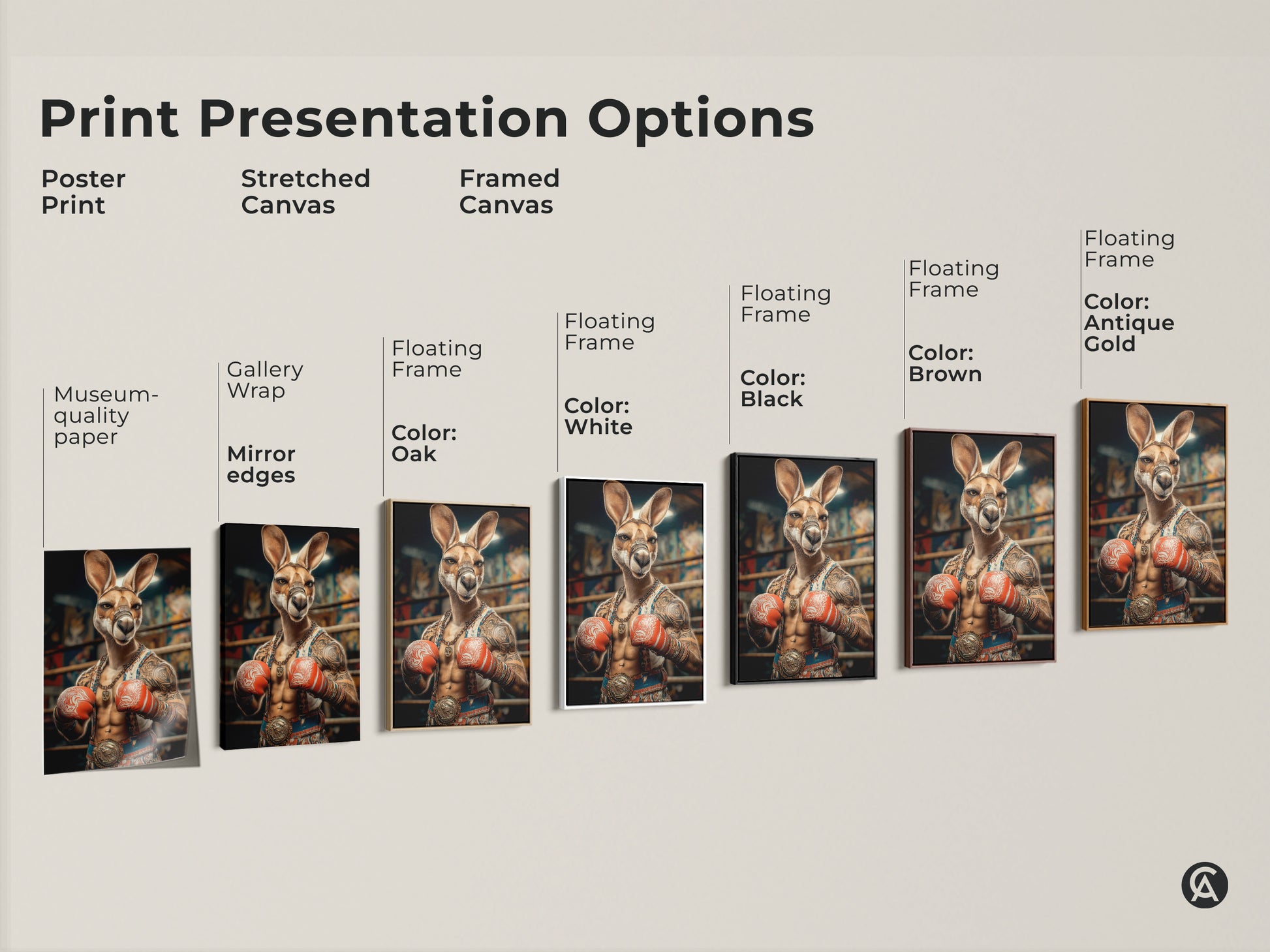 Explore print presentation options featuring the Kangaroo Boxer. From poster to framed canvas each style highlights the tattoo art. The eclectic animal artwork is suitable for any decor. Museum-quality paper and various floating frame colors available to match any style.