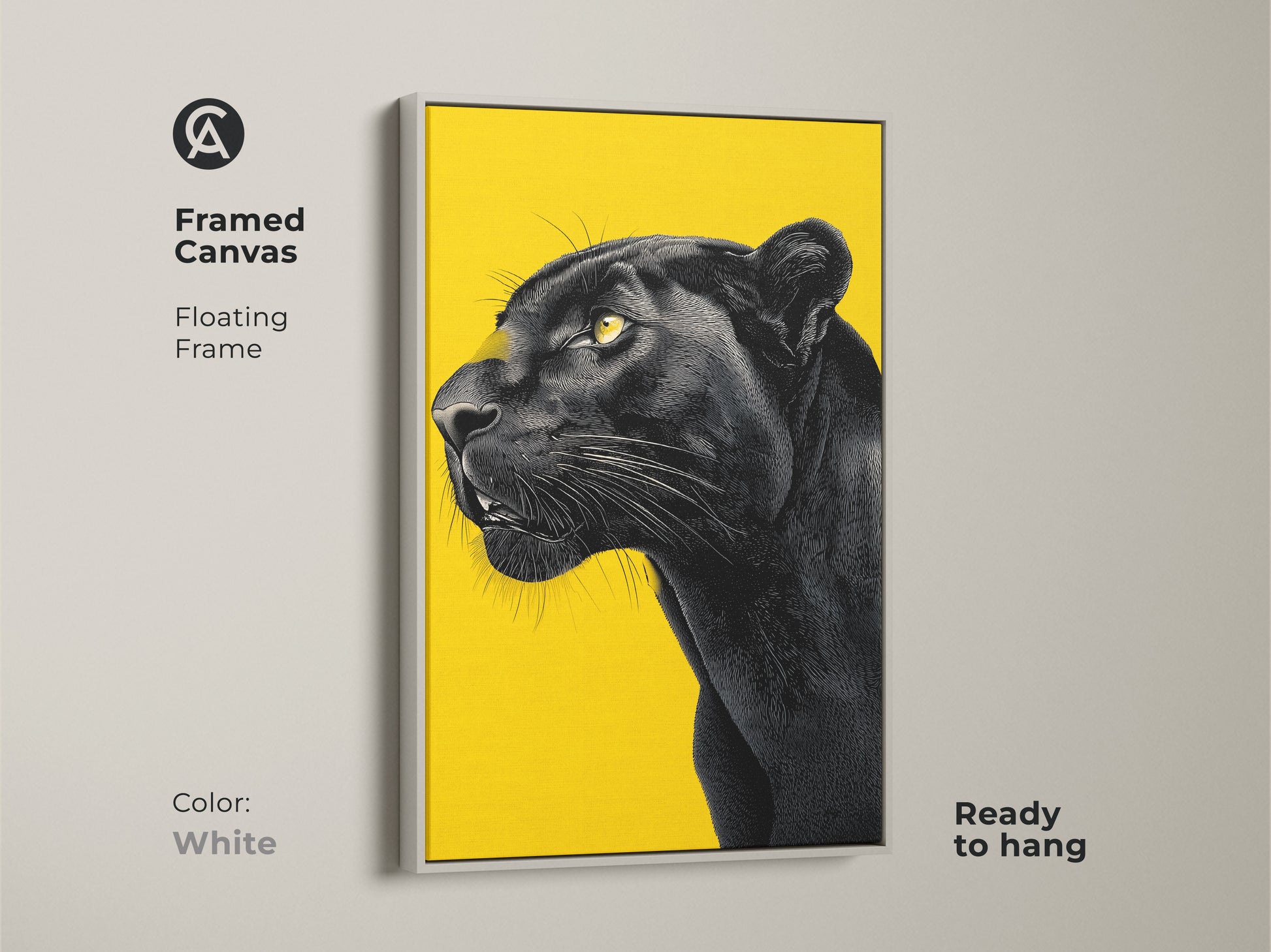 White framed canvas art featuring a striking black panther portrait set against a yellow background. The floating frame offers a clean contemporary look. This framed animal art is ready to hang making it a seamless addition to modern decor. The panther art adds a pop of color and drama to any room.