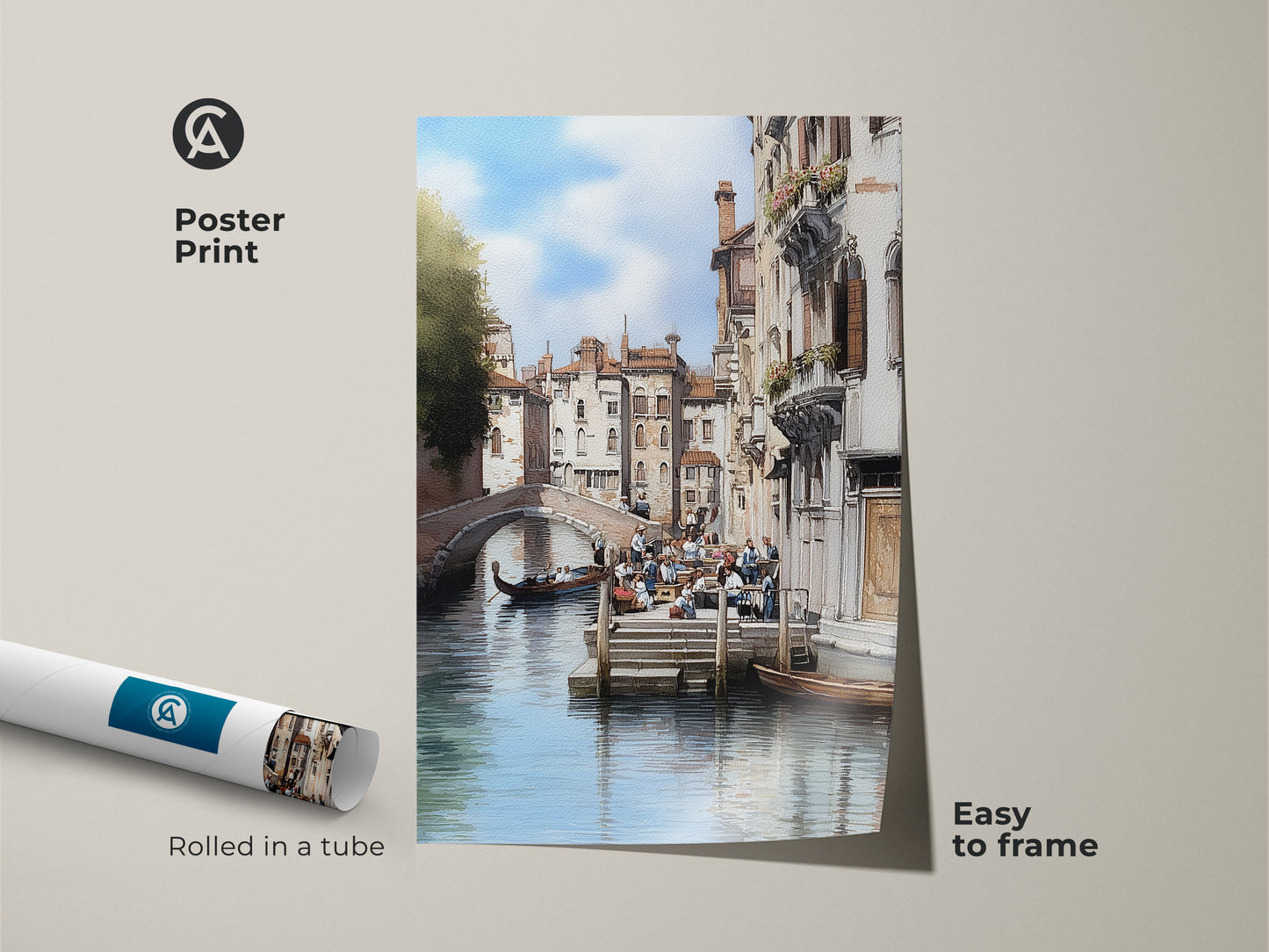 Easy-to-frame poster art print of a Venice canal with a gondola boat. This museum-quality paper features a traditional Italian cityscape. It is a perfect housewarming gift for travel lovers. The European canal scene is an ideal addition to a study or any residential wall art space.