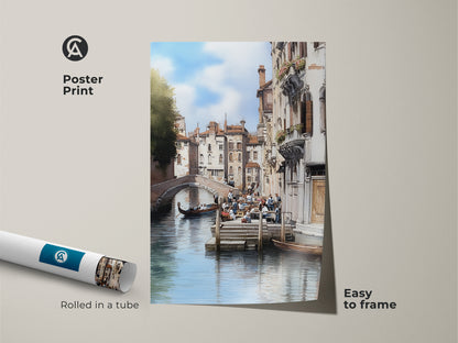Easy-to-frame poster art print of a Venice canal with a gondola boat. This museum-quality paper features a traditional Italian cityscape. It is a perfect housewarming gift for travel lovers. The European canal scene is an ideal addition to a study or any residential wall art space.