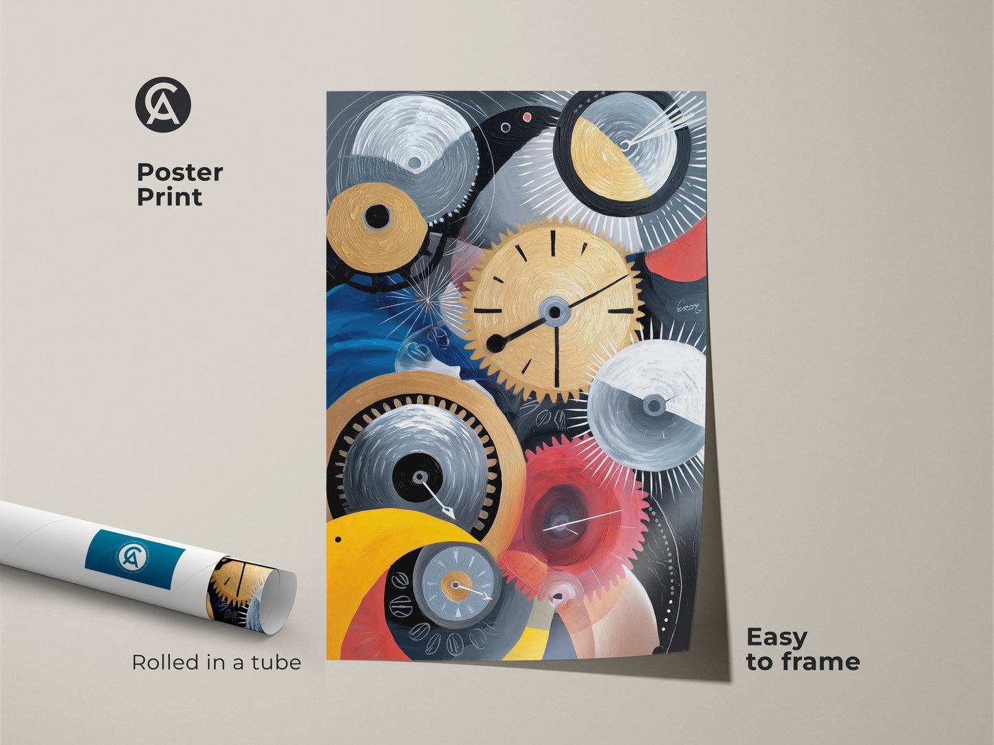 Poster print showcasing abstract mechanical artwork rolled in a tube for easy framing. The art includes gold and blue clock gears offering a steampunk art deco style for unique wall art.