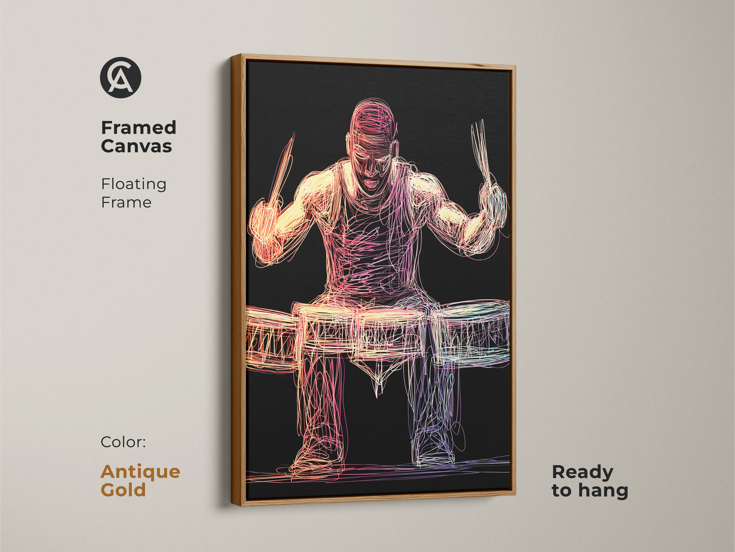 Transform your decor with this framed abstract drummer canvas. The floating frame enhances the art's vibrant colors. This music room decor is ready to hang in a sophisticated antique gold frame.  Perfect modern accent for a music lover's home or office. A thoughtful gift for any music enthusiast.