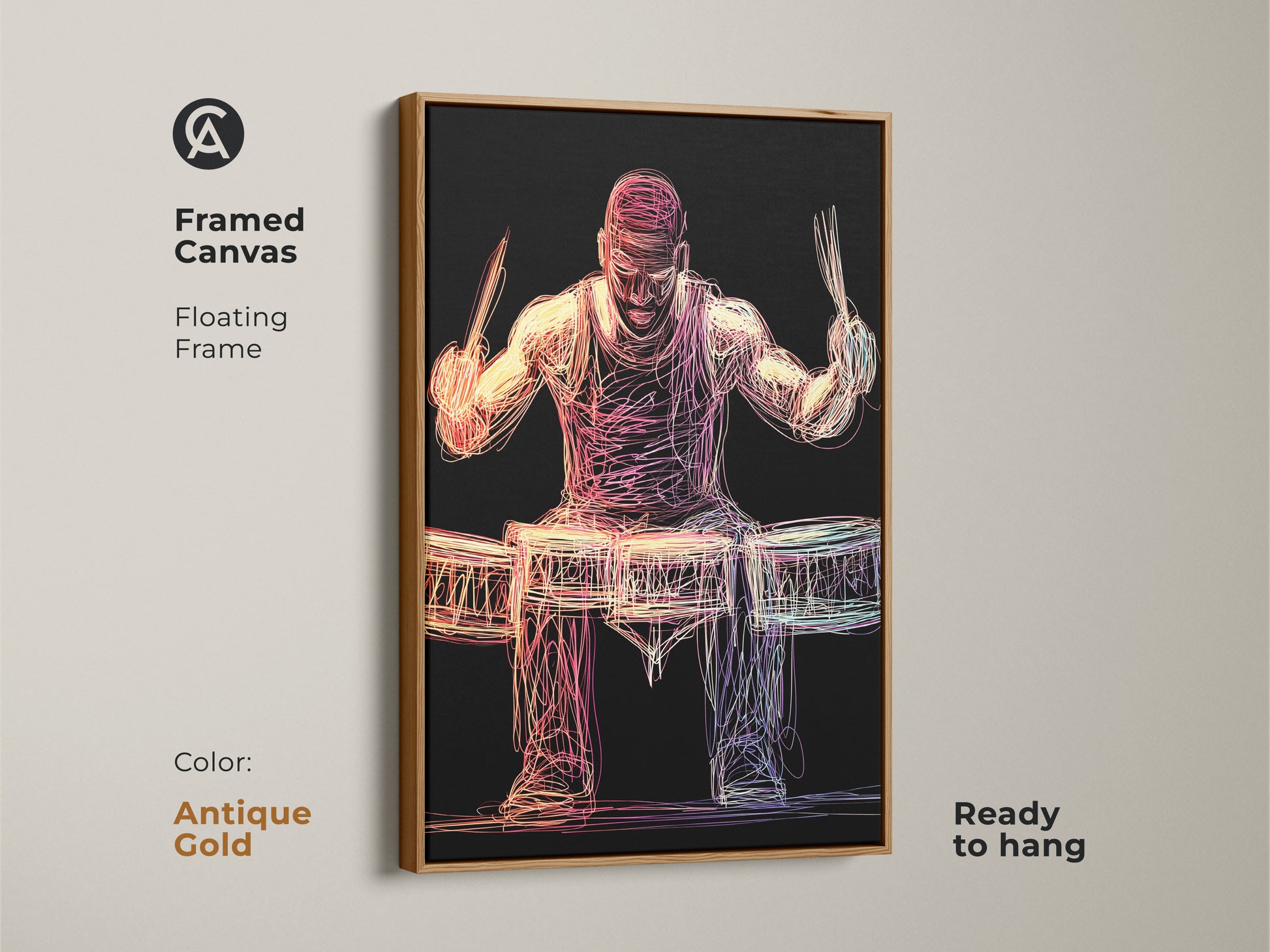 Transform your decor with this framed abstract drummer canvas. The floating frame enhances the art's vibrant colors. This music room decor is ready to hang in a sophisticated antique gold frame.  Perfect modern accent for a music lover's home or office. A thoughtful gift for any music enthusiast.