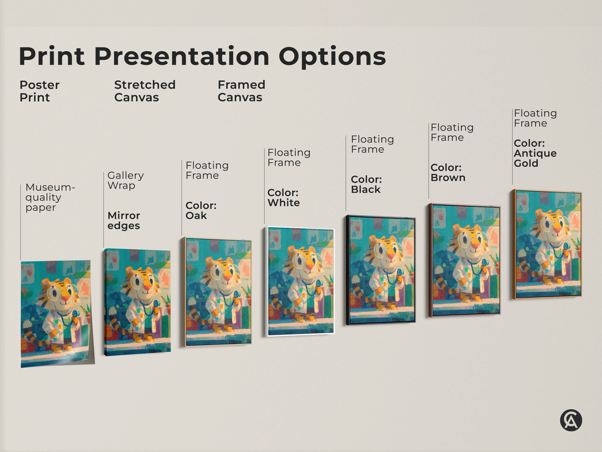 Explore print presentation options for cartoon tiger doctor art. Choose from poster prints stretched canvas and framed canvas. Find the perfect style to match your decor. Decorate with whimsical animal art.