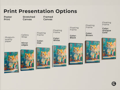 Explore print presentation options for cartoon tiger doctor art. Choose from poster prints stretched canvas and framed canvas. Find the perfect style to match your decor. Decorate with whimsical animal art.