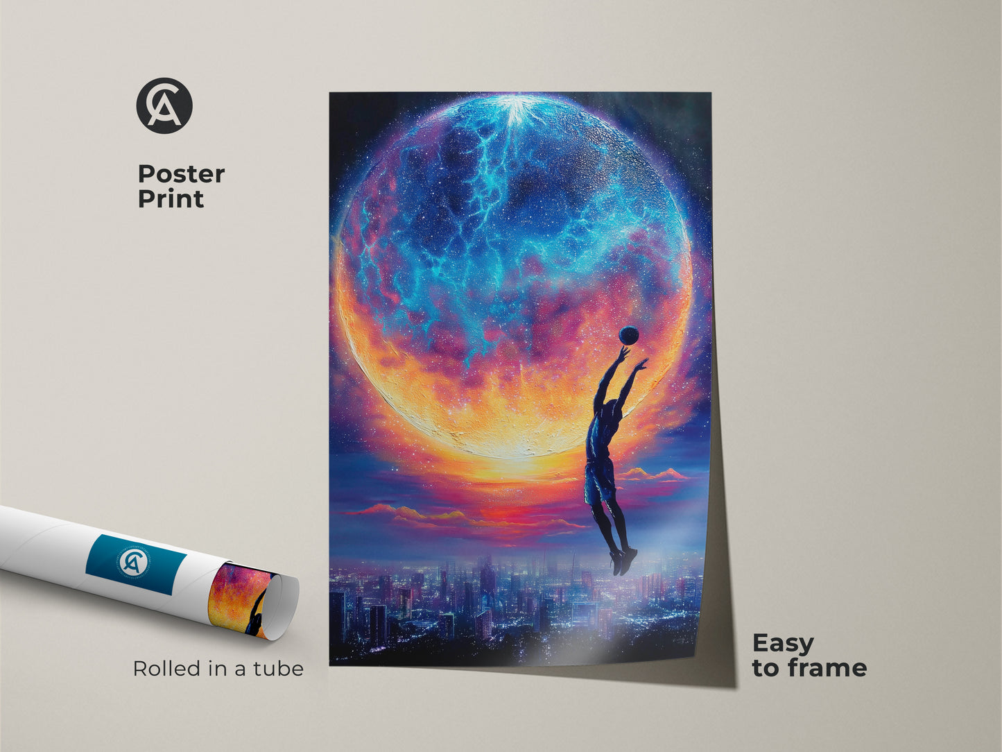 This surreal basketball art print comes as a poster print. It is rolled in a tube for easy framing. It features a cosmic cityscape wall art. The blue teal orange decor adds a vibrant touch. It is an ideal gift for basketball fans or a unique home decor piece. This fantasy artwork blends sports with celestial elements.