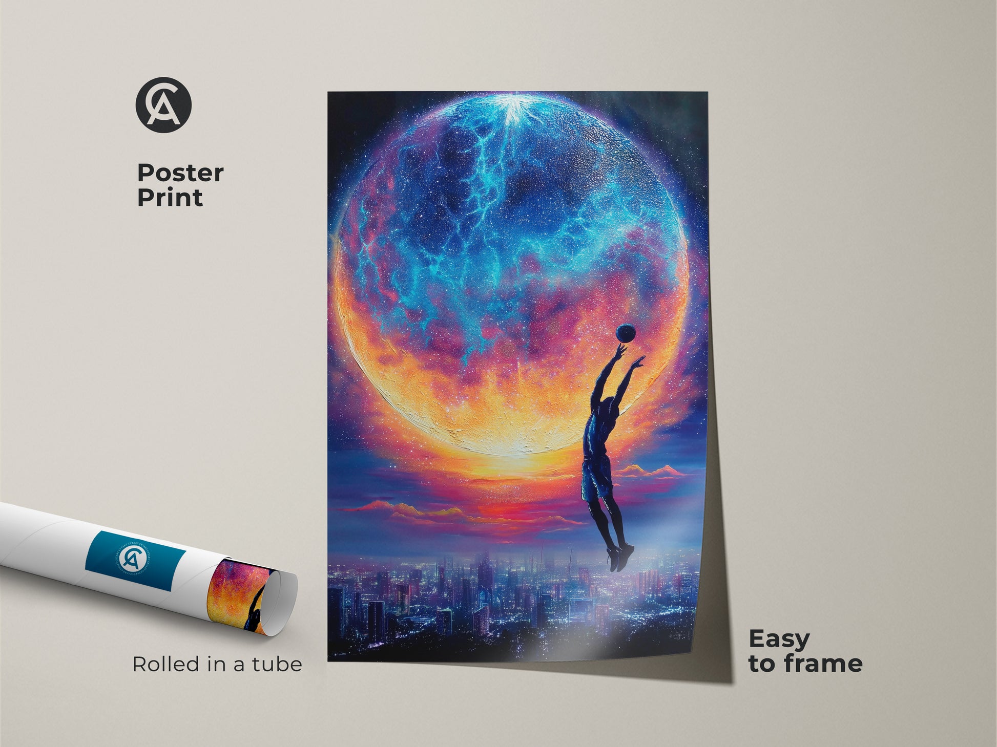 This surreal basketball art print comes as a poster print. It is rolled in a tube for easy framing. It features a cosmic cityscape wall art. The blue teal orange decor adds a vibrant touch. It is an ideal gift for basketball fans or a unique home decor piece. This fantasy artwork blends sports with celestial elements.