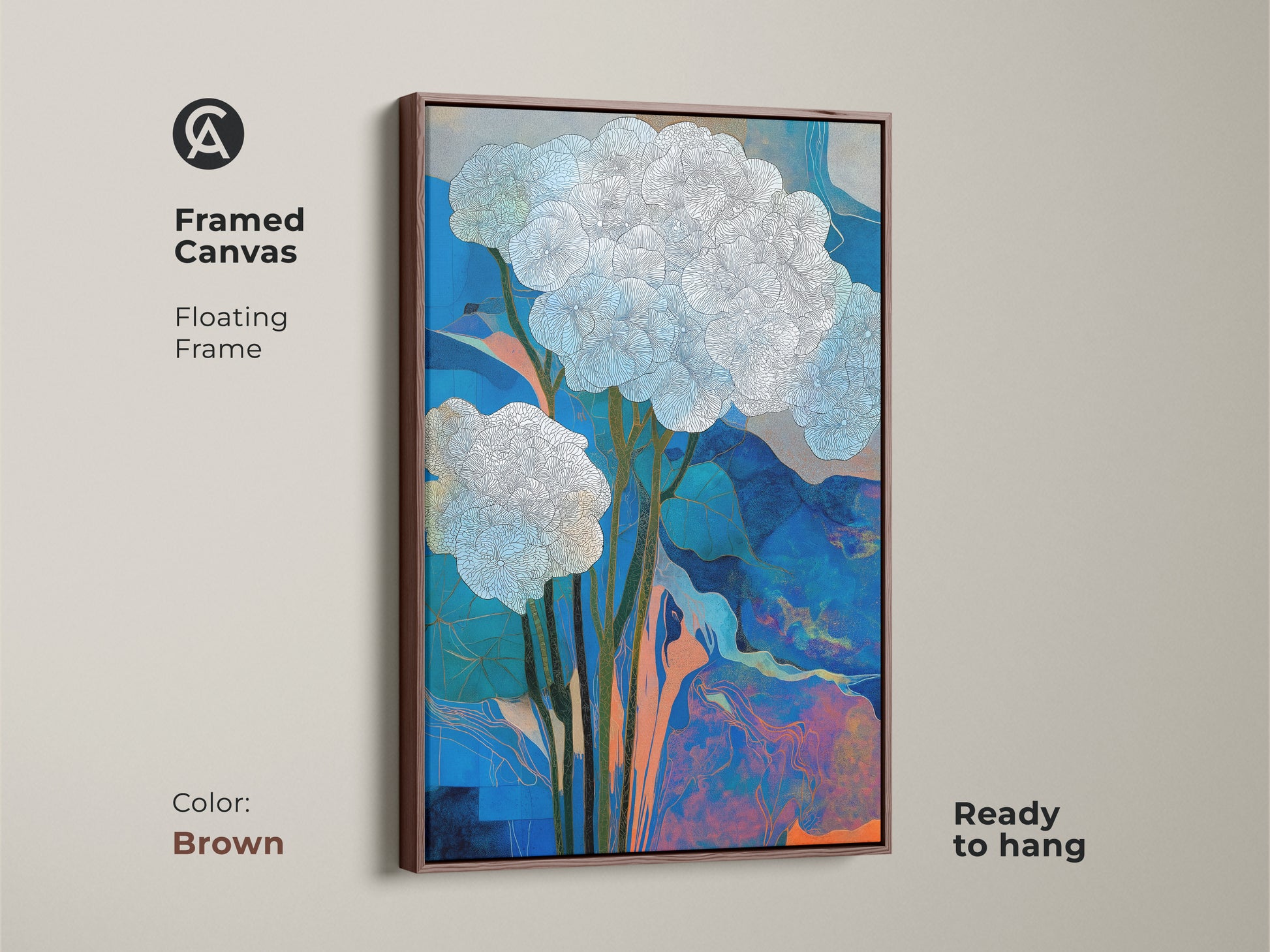 Framed canvas featuring abstract floral art in a floating brown frame. The blue and orange botanical nature artwork offers contemporary style. It's ready to hang. This floral abstract painting is ideal for nature inspired wall decor and abstract landscape canvas.