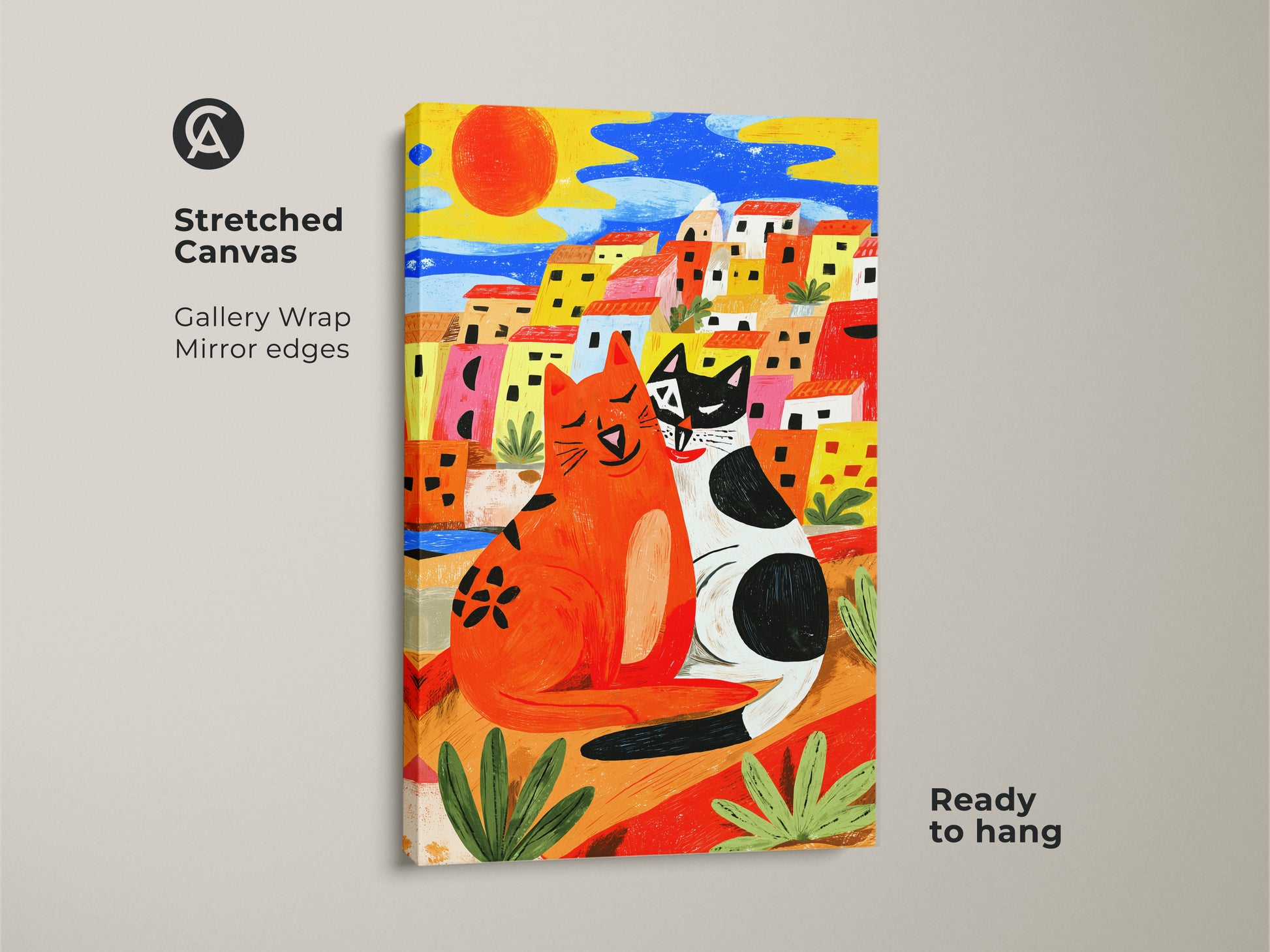 Boho naive cat art print on stretched canvas. The gallery wrap has mirror edges. It depicts two cats in a vibrant Mediterranean town. The artwork is ready to hang. Ideal as a housewarming gift for cat lovers.