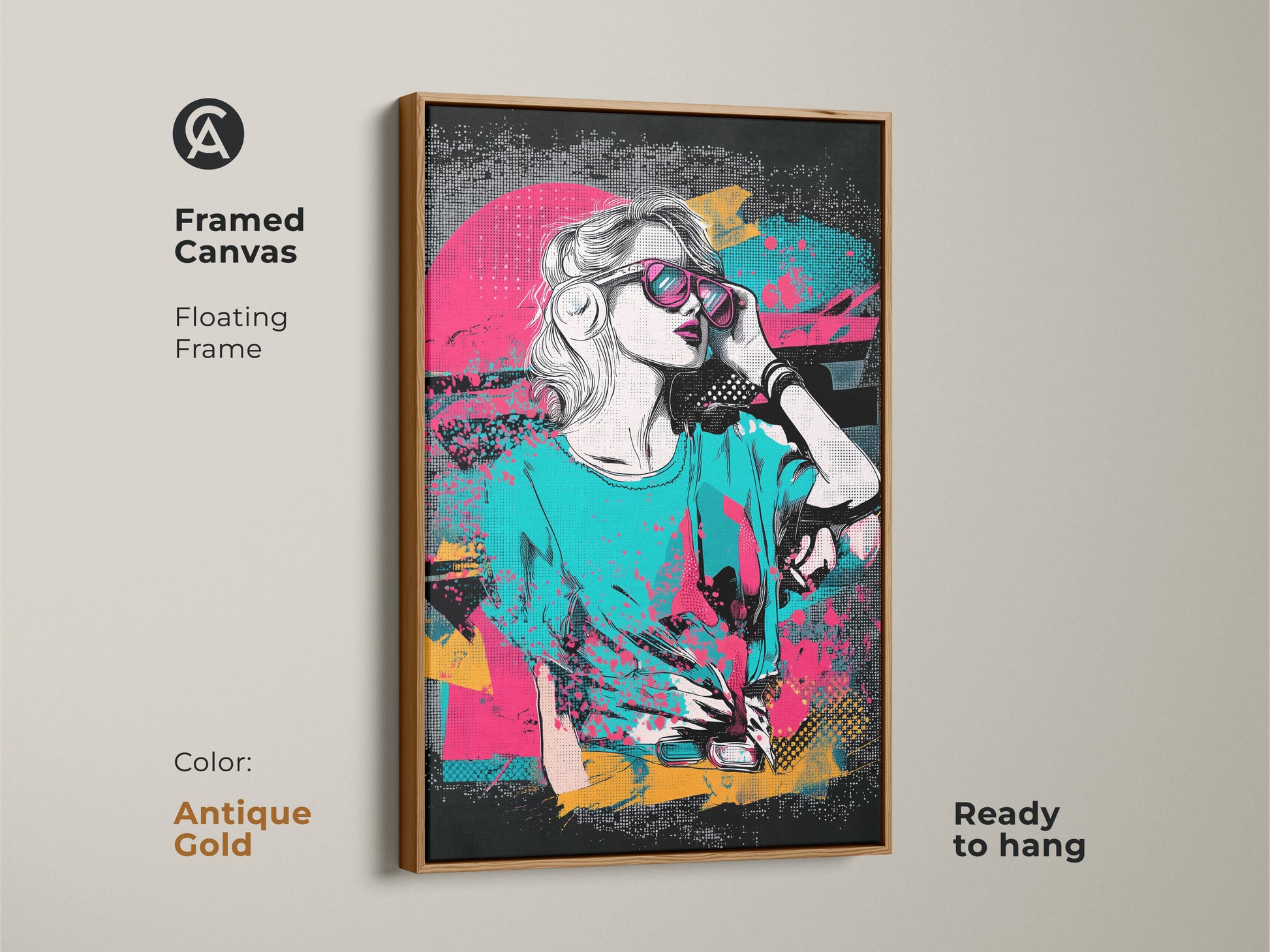 Framed Canvas Pop Art Print with an antique gold floating frame. Features a woman in sunglasses with retro synthwave art. Pink teal and yellow colors create a vibrant 80s look. This eclectic artwork is ready to hang adding personality to any room. A great gift for music lovers.
