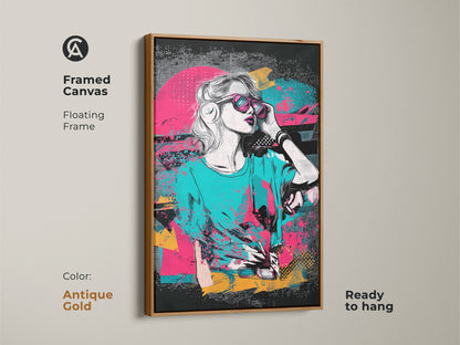 Framed Canvas Pop Art Print with an antique gold floating frame. Features a woman in sunglasses with retro synthwave art. Pink teal and yellow colors create a vibrant 80s look. This eclectic artwork is ready to hang adding personality to any room. A great gift for music lovers.