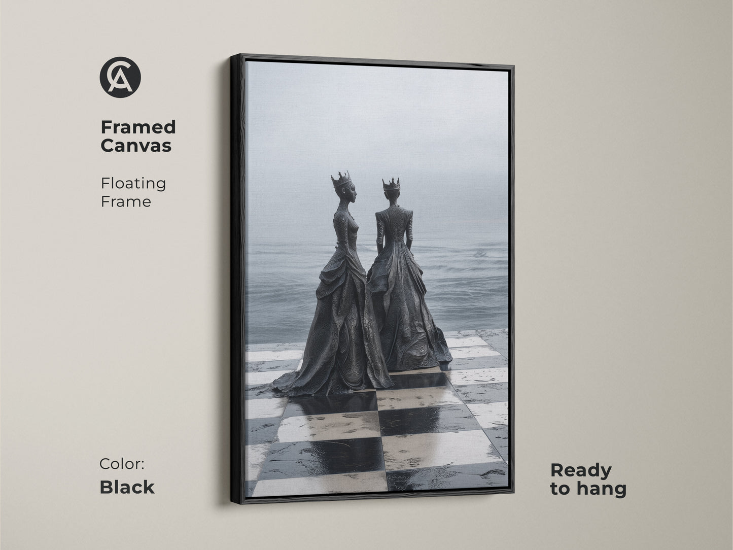 Framed Canvas Print of a surreal monochrome chess queen artwork with a black floating frame. This black and white chess art is ready to hang. Add intellectual elegance to any modern home decor.