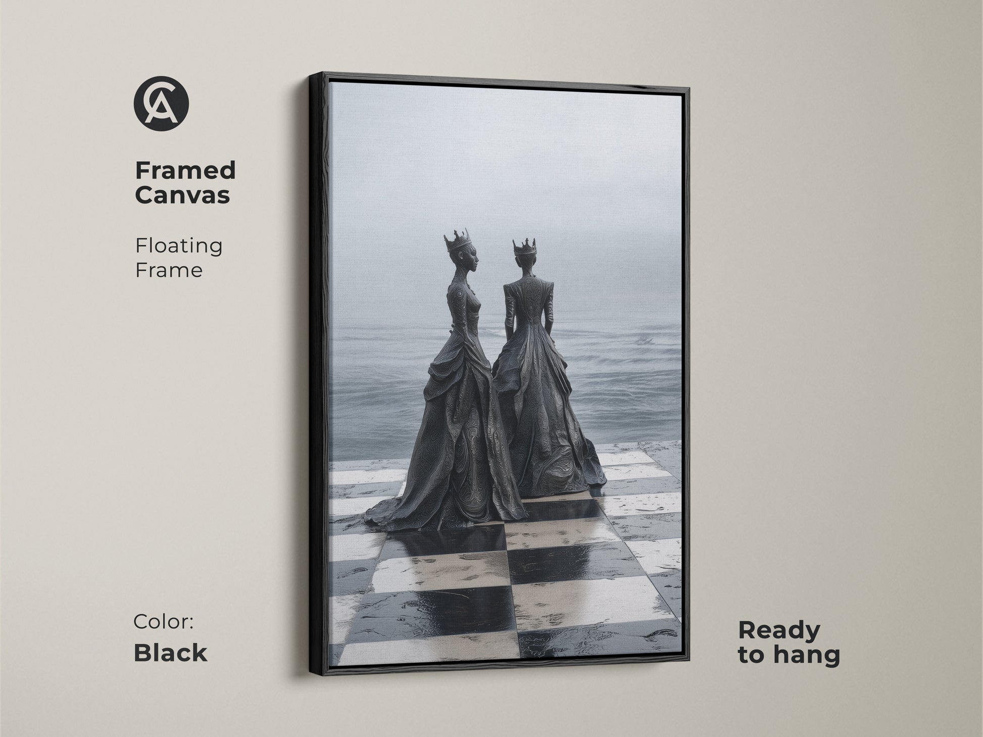 Framed Canvas Print of a surreal monochrome chess queen artwork with a black floating frame. This black and white chess art is ready to hang. Add intellectual elegance to any modern home decor.