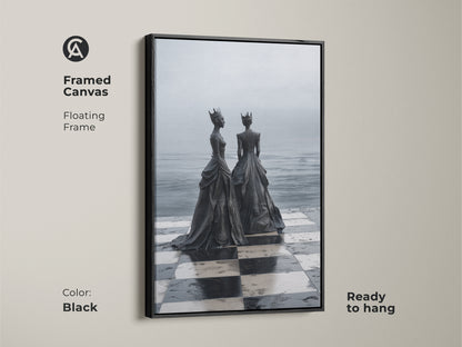 Framed Canvas Print of a surreal monochrome chess queen artwork with a black floating frame. This black and white chess art is ready to hang. Add intellectual elegance to any modern home decor.