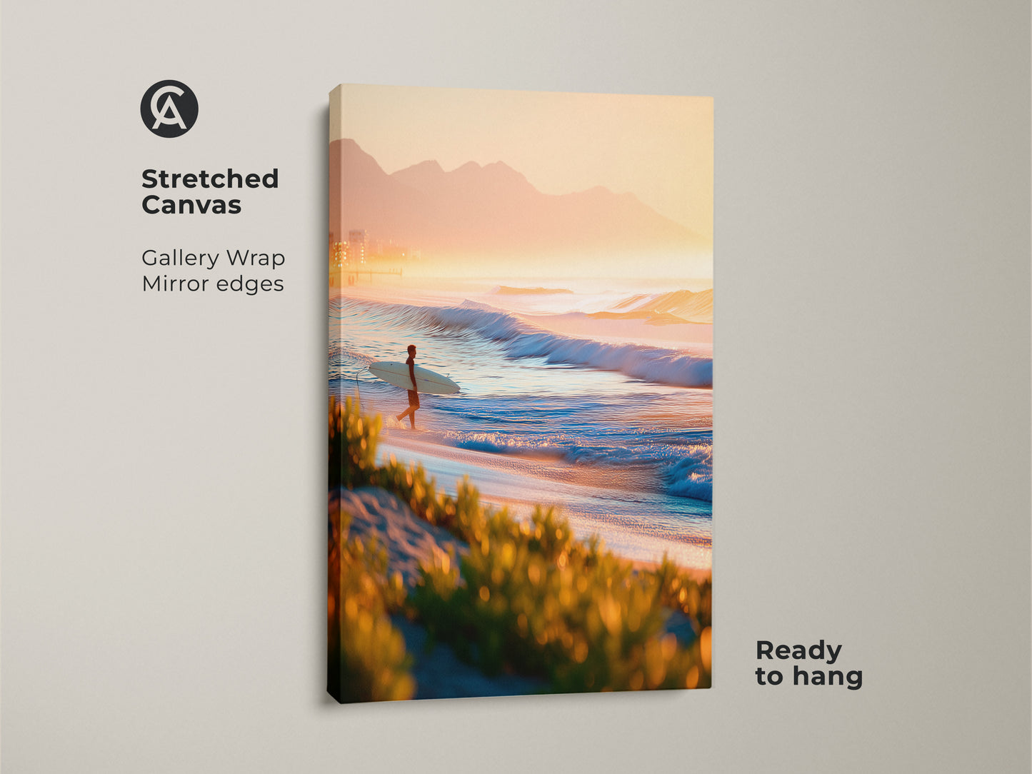 Stretched canvas art featuring a beach scene. A lone surfer walks along the shoreline. Gallery wrapped canvas with mirrored edges. This ready to hang artwork captures a peaceful coastal moment.