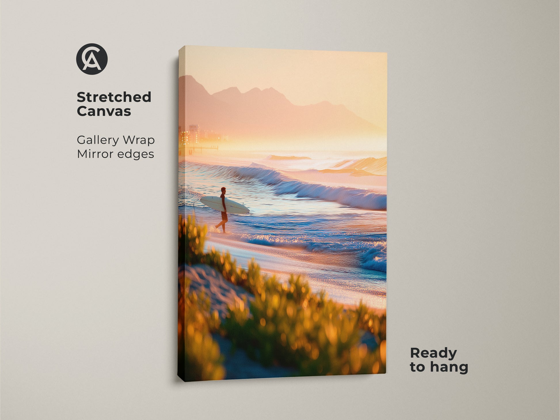 Stretched canvas art featuring a beach scene. A lone surfer walks along the shoreline. Gallery wrapped canvas with mirrored edges. This ready to hang artwork captures a peaceful coastal moment.