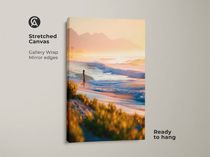 Stretched canvas art featuring a beach scene. A lone surfer walks along the shoreline. Gallery wrapped canvas with mirrored edges. This ready to hang artwork captures a peaceful coastal moment.