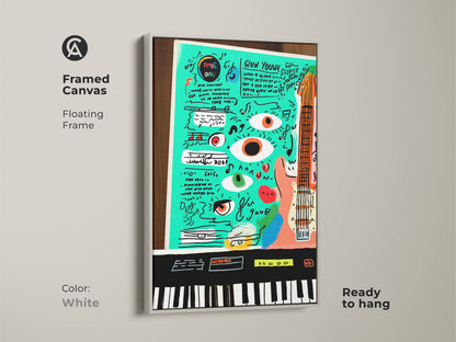 Framed in a white floating frame this canvas showcases a teal orange pop art. The art features music instruments and abstract elements. It is a perfect gift for musicians. Ready to hang this eclectic wall decor brings personality to any studio or office space.