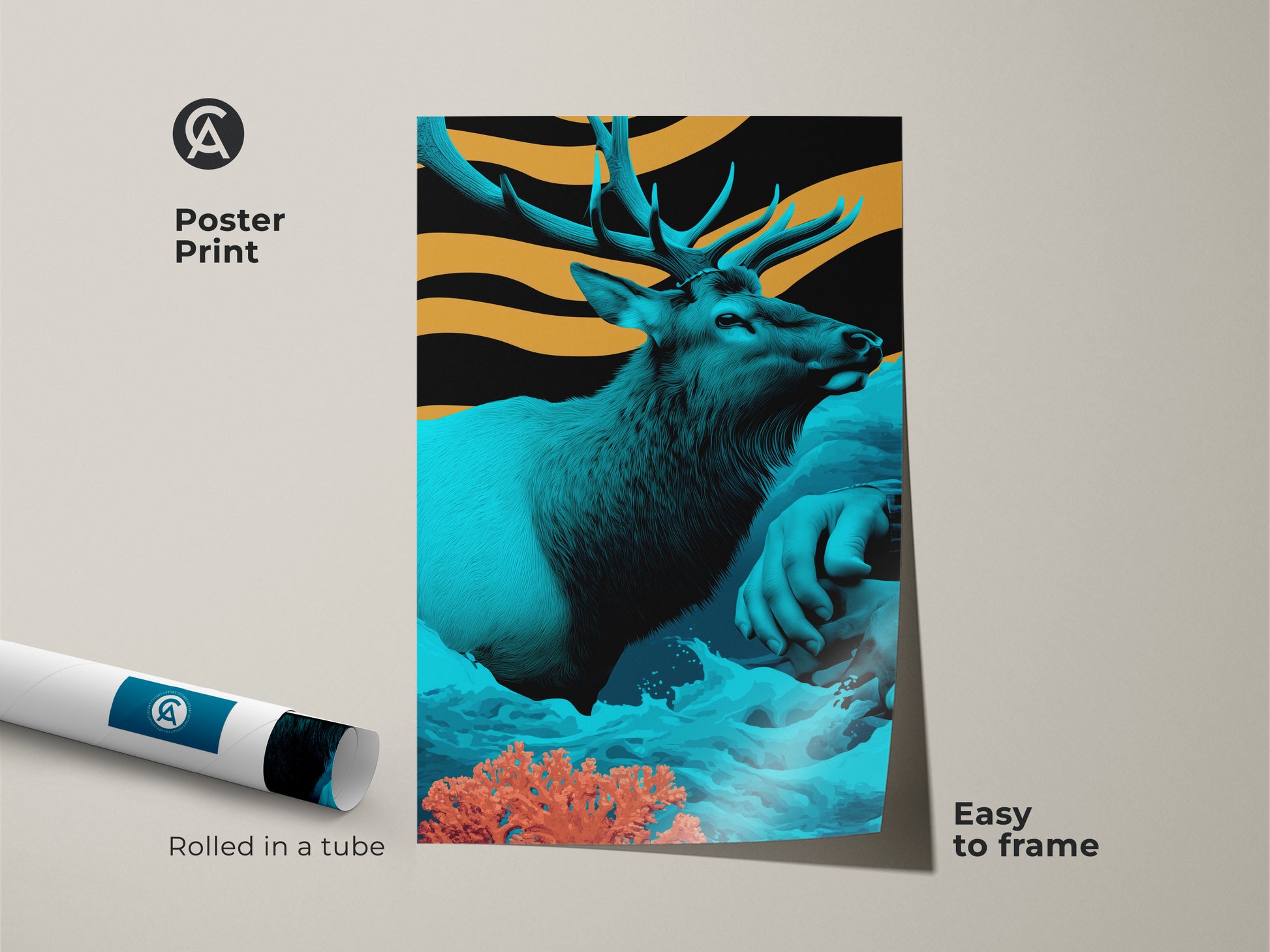 This surrealism inspired elk artwork is available as a poster print. Rolled in a tube it's easy to frame. The teal and orange wildlife animal art adds eclectic charm. This Art Nouveau elk is a unique housewarming gift and nature lover present. It is modern wildlife art.