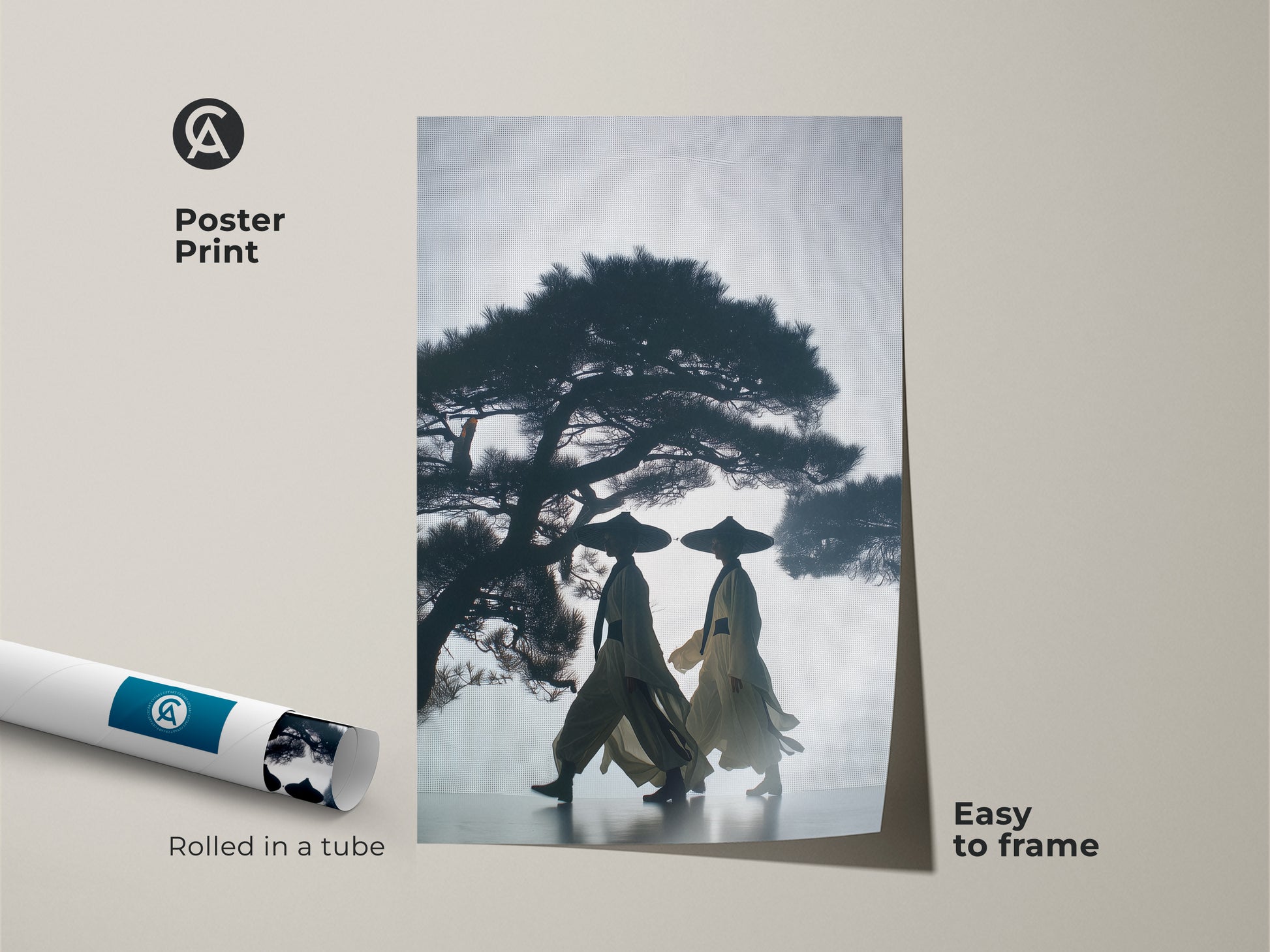 Poster print featuring minimalist silhouetted figures. The dark blue and beige artwork shows a pine tree landscape. The Japandi wall decor arrives rolled in a tube easy to frame. Ideal as a travel gift or modern home office art.