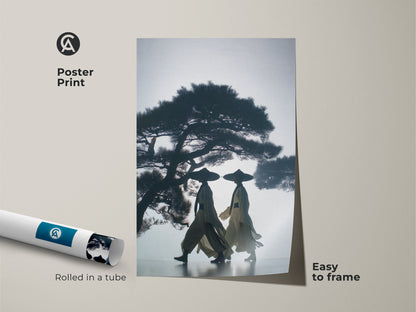 Poster print featuring minimalist silhouetted figures. The dark blue and beige artwork shows a pine tree landscape. The Japandi wall decor arrives rolled in a tube easy to frame. Ideal as a travel gift or modern home office art.