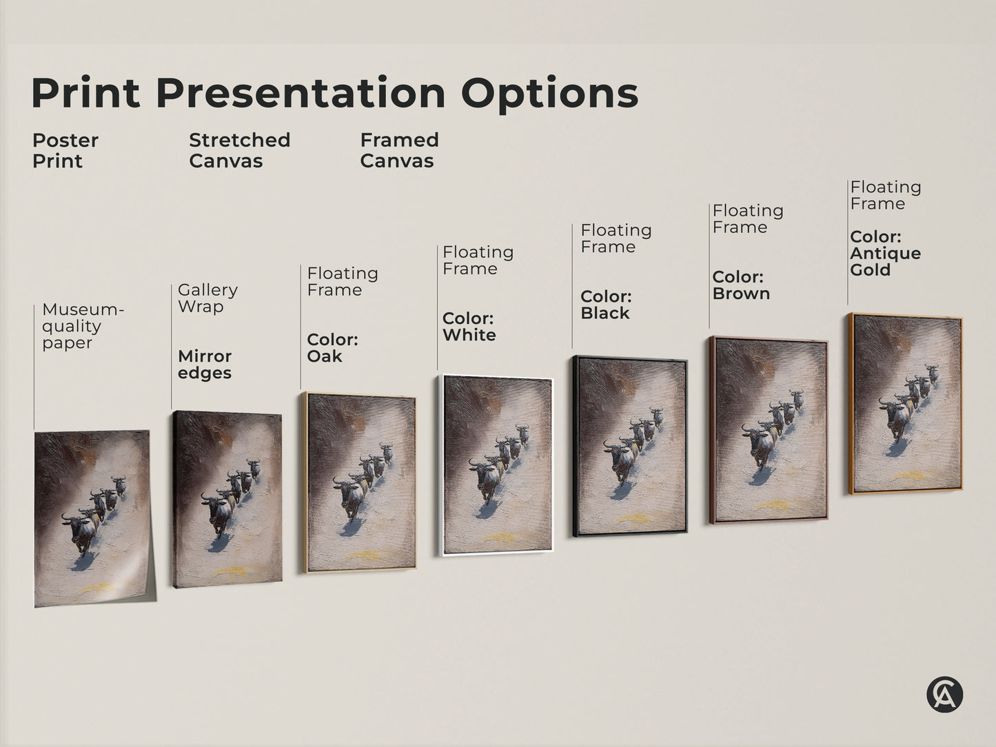 Explore print presentation options for Wildebeest art. Choose from poster prints stretched canvases or framed canvases. Each option enhances the textured African wildlife artwork. Find the perfect style to complement your space and showcase this impressionistic animal artwork.