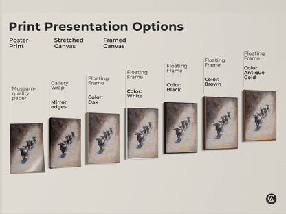 Explore print presentation options for Wildebeest art. Choose from poster prints stretched canvases or framed canvases. Each option enhances the textured African wildlife artwork. Find the perfect style to complement your space and showcase this impressionistic animal artwork.