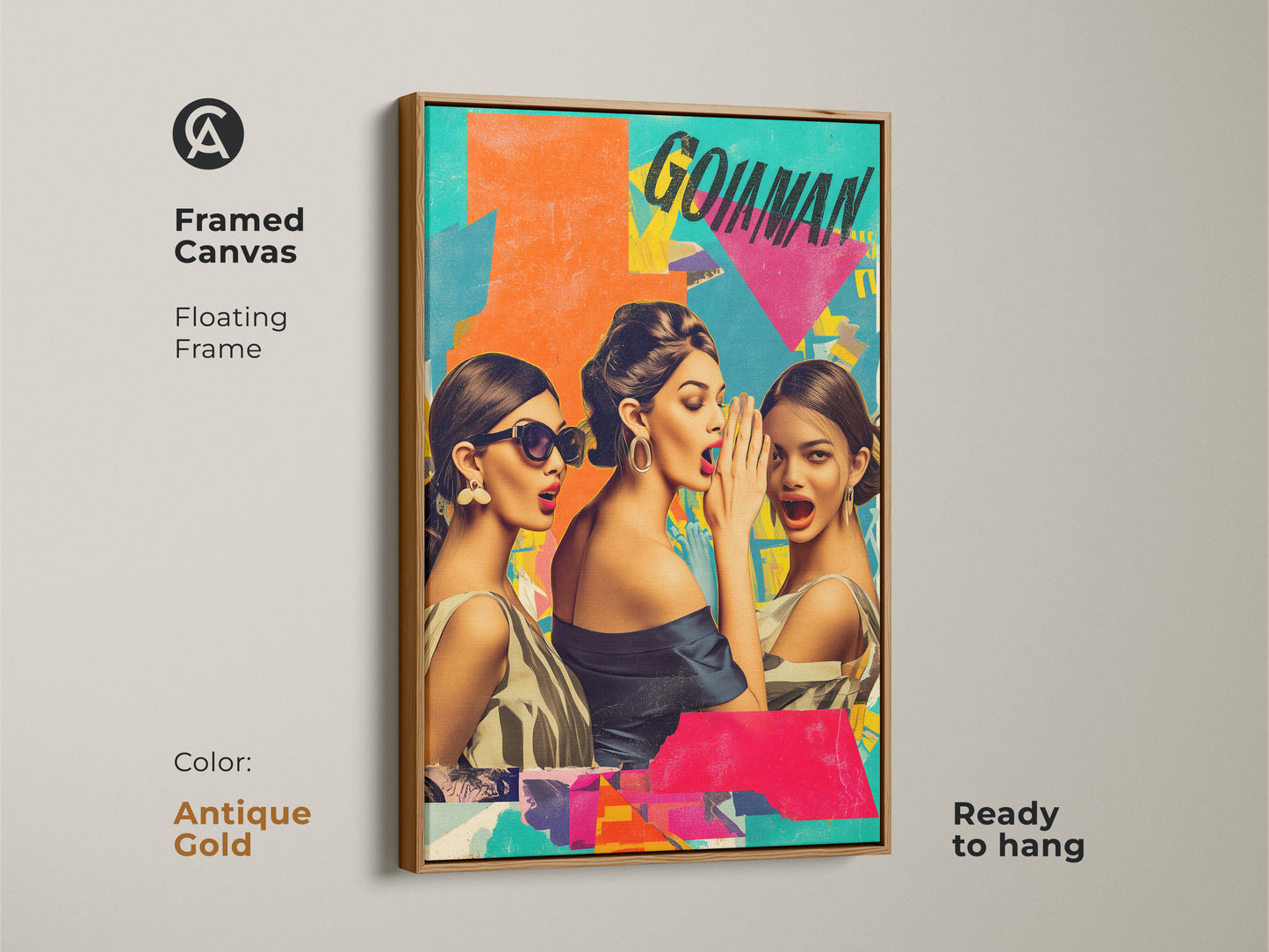 Antique gold framed canvas featuring retro collage art. The artwork showcases women gossiping in a pop art style. A unique wall hanging that is perfect as a conversation starter art.