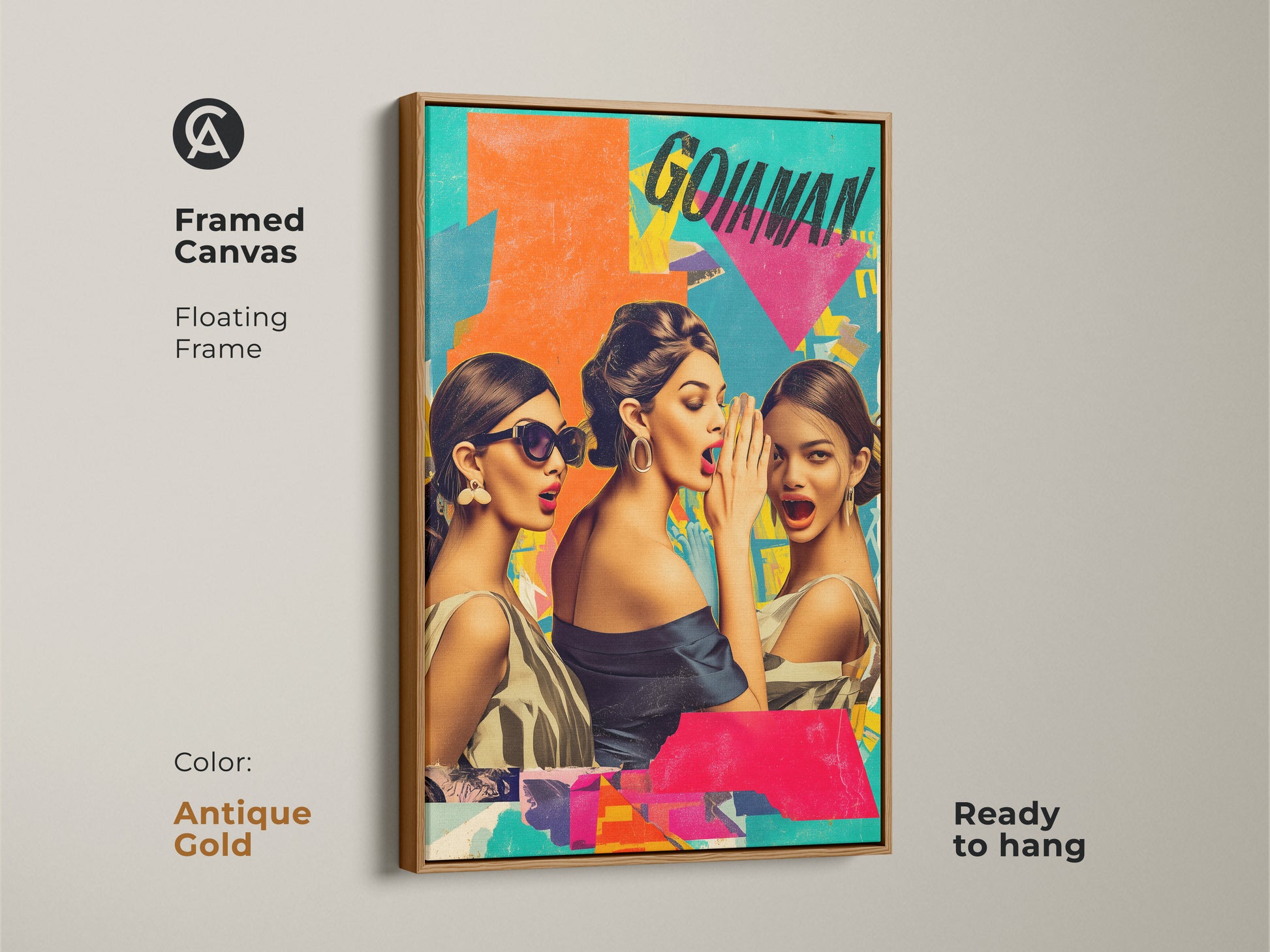 Antique gold framed canvas featuring retro collage art. The artwork showcases women gossiping in a pop art style. A unique wall hanging that is perfect as a conversation starter art.