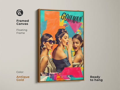 Antique gold framed canvas featuring retro collage art. The artwork showcases women gossiping in a pop art style. A unique wall hanging that is perfect as a conversation starter art.