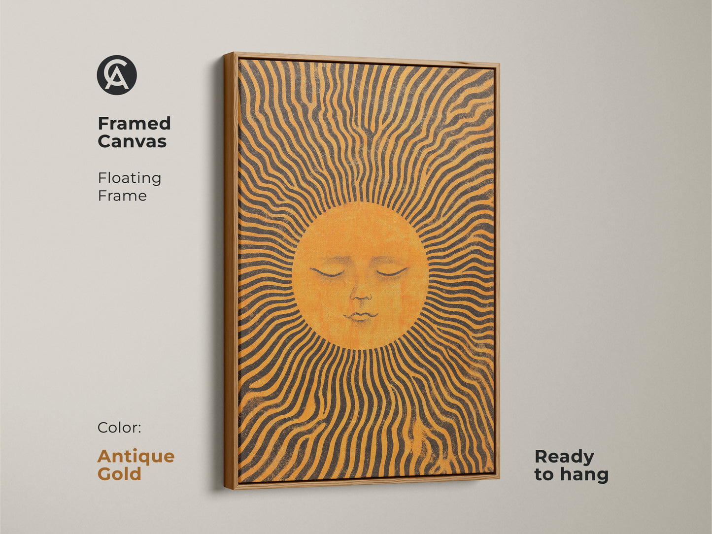 Framed in antique gold this canvas features an orange sun face art print. The boho celestial wall art has mid-century sun rays creating a modern look. Ready to hang it enhances any room with warmth and artistic beauty. A unique housewarming gift.